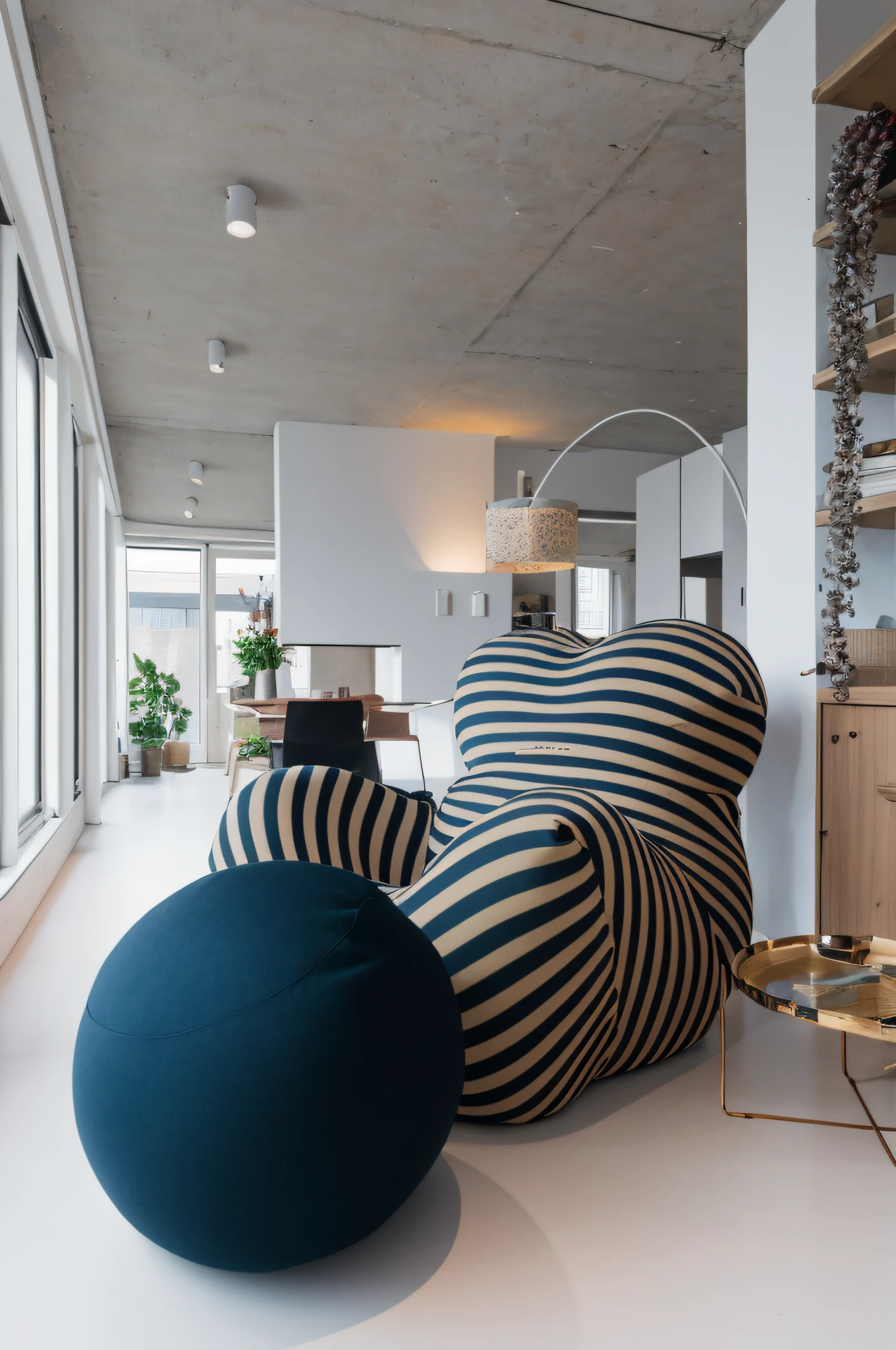 there are two bean bags sitting on the floor in a room, inspired by Reinier Nooms, by Jacob van Utrecht, by Jan Wijnants, by Etienne Delessert, by Abraham van Beijeren, inspired by Jan Wijnants, placed in a large living room, by Juriaen van Streeck, dezeen showroom, living room