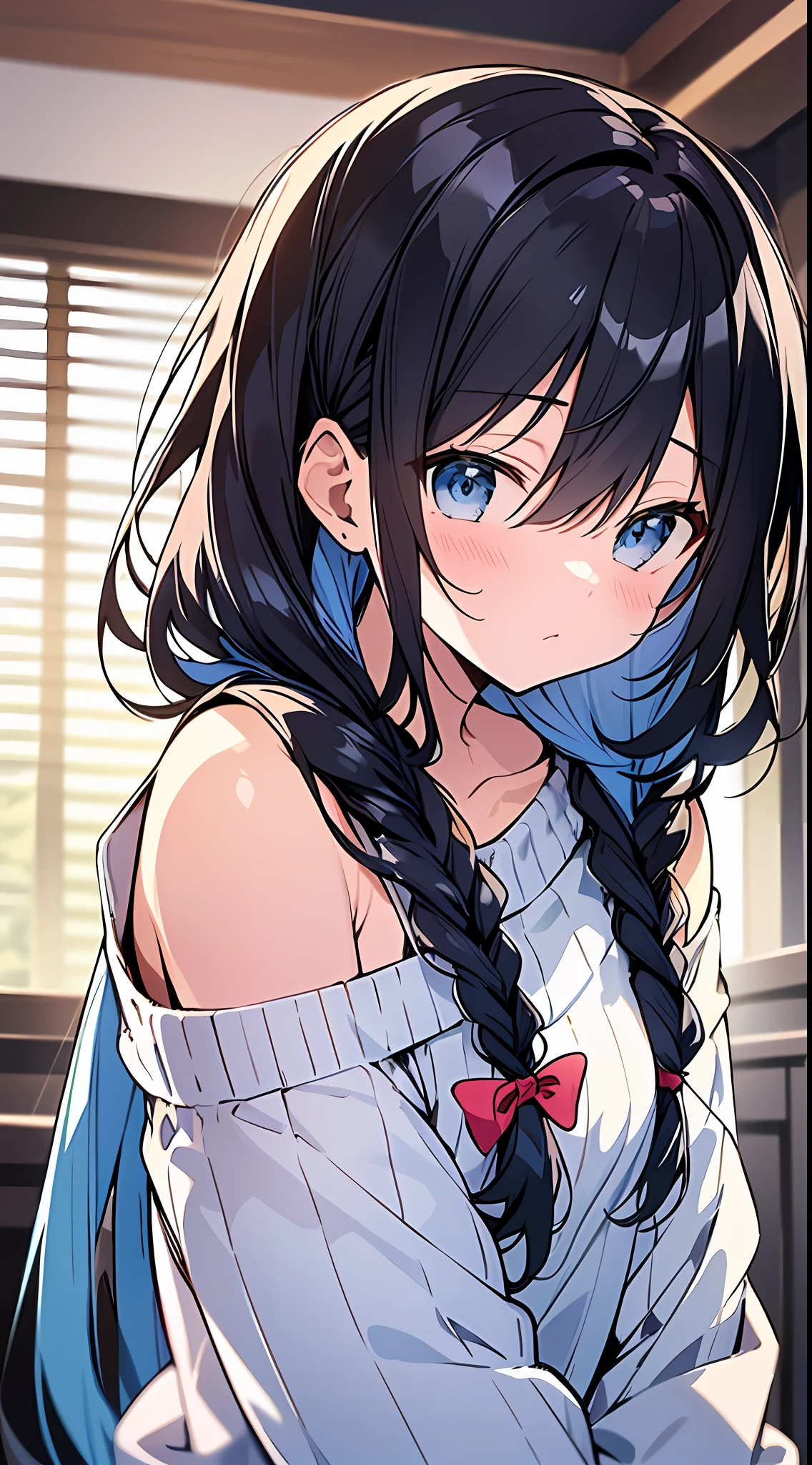 Top Quality, Masterpiece, Ultra High Resolution, 8K, Light Blue Sweater, Anime Style Little , Single, Ultra Detailed Line Art, Digital Enhancement, Anime Core, Flowing Fabric, Close Up, Hair Length to Shoulder and Short Braid, Staring Straight At You, Soft Drawing, Beautiful Black Hair, Looks Really Weak, Crisp Eyes