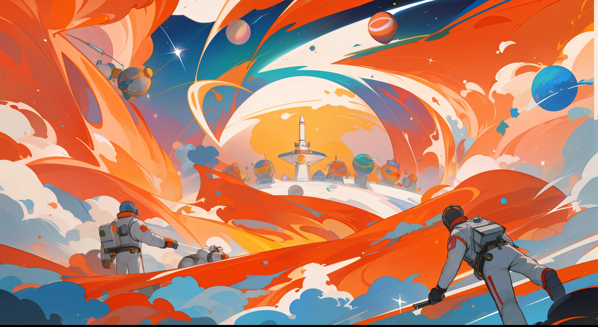 Game promotional poster, a huge planet, sweeping around energy, beautiful colors, composition of masters, astronauts, trophies, Jupiter, crowns, rockets, beautiful colors