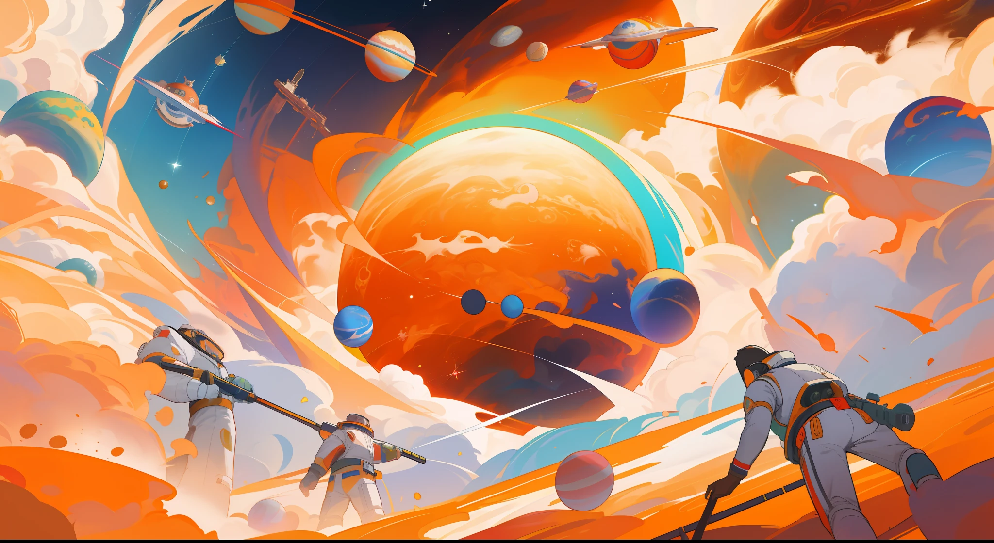 Game promotional poster, a huge planet, sweeping around energy, beautiful colors, composition of masters, astronauts, trophies, Jupiter, crowns, rockets, beautiful colors