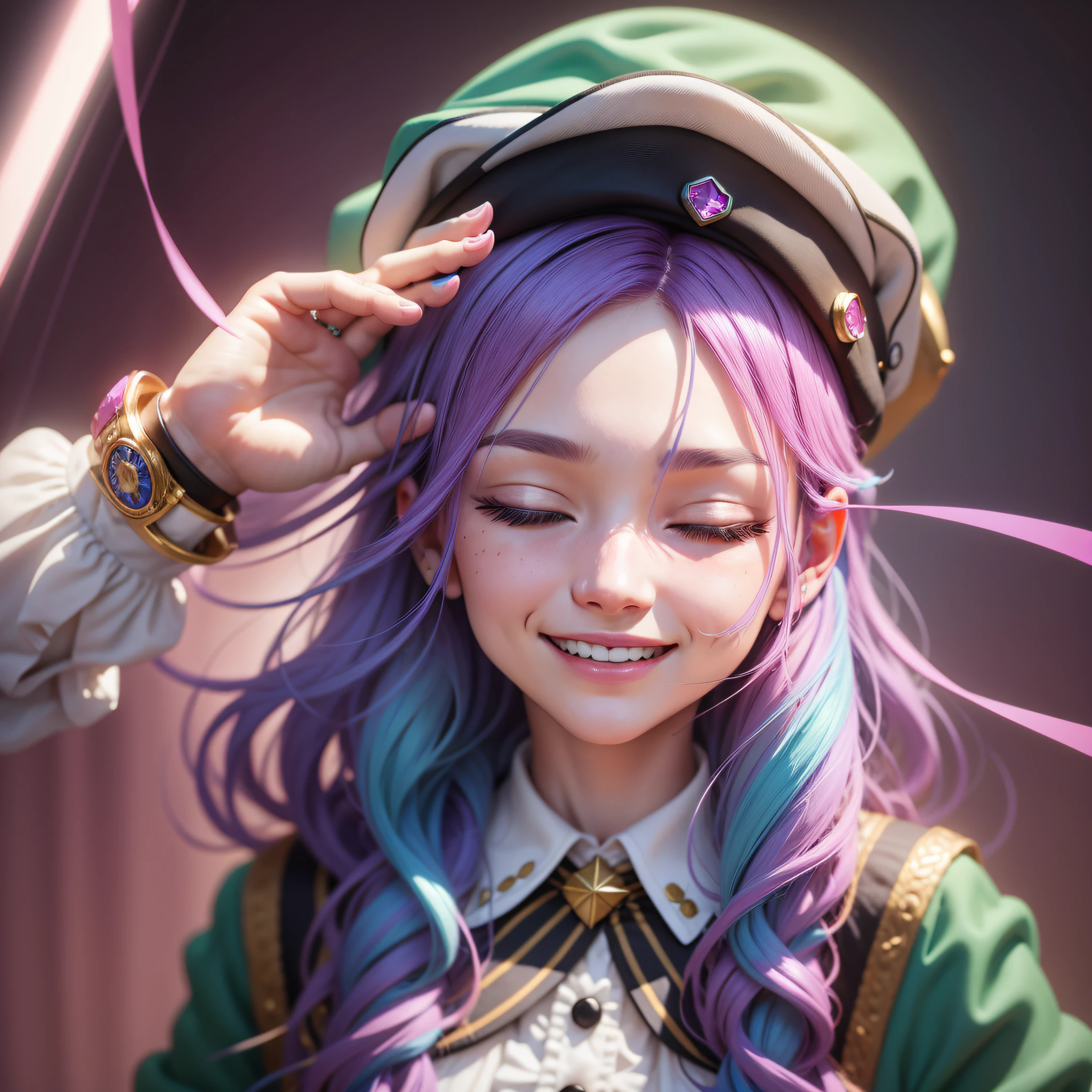 colored inner hair, gradient hair, forehead jewel, beret, closed eyes, grin, Hyperrealism, blind box toy style, cinematic lighting, motion lines, first-person view, macro photo, HD, 8k, UHD, textured skin, masterpiece