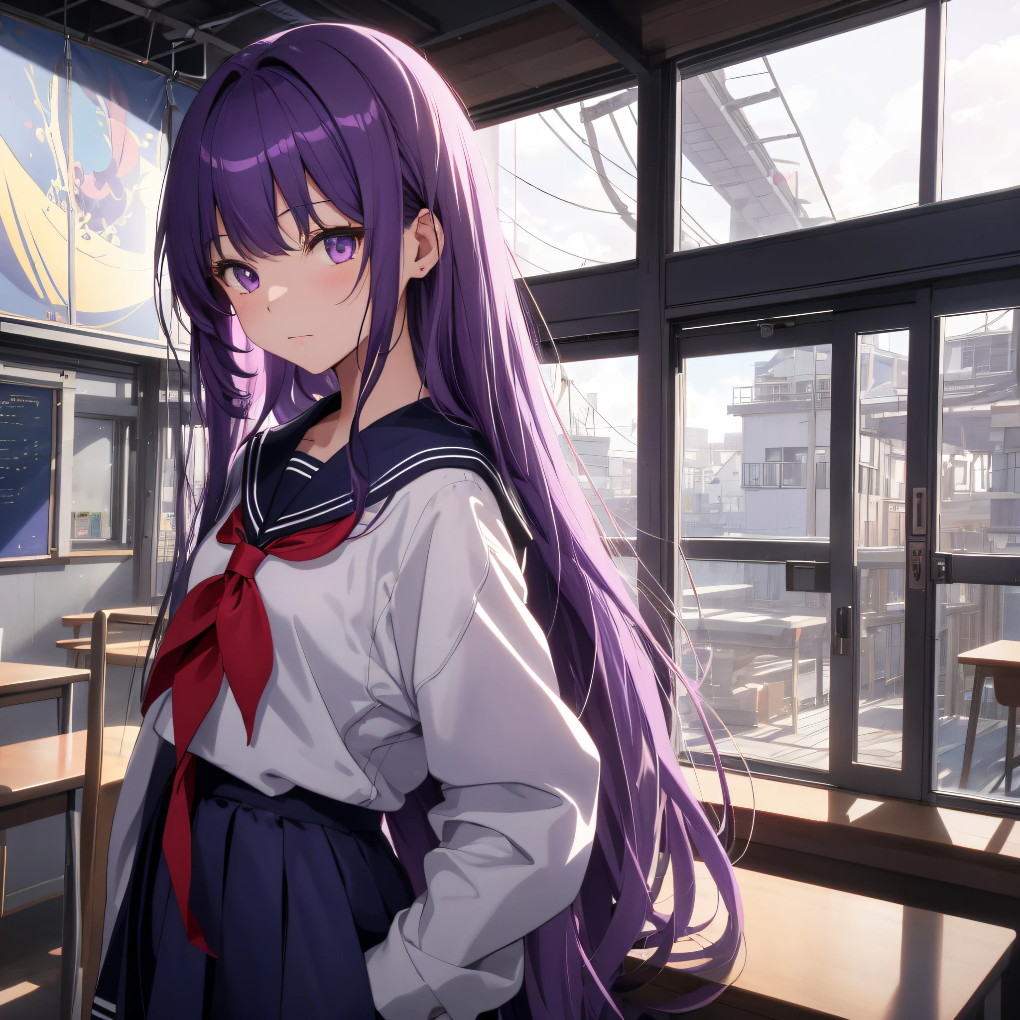 An eighteen-year-old young woman with long purple hair in a sailor suit stands at school (background is Void 1.5) (expression serious, indifferent 1.5) (best quality: 1.1) (masterpiece: 1.3) with unparalleled masterpiece, surreal 8K, perfect artwork, super detail, best quality, masterpiece 4K wallpaper aesthetics, masterpiece, award-winning artwork, official art, cinematic lighting