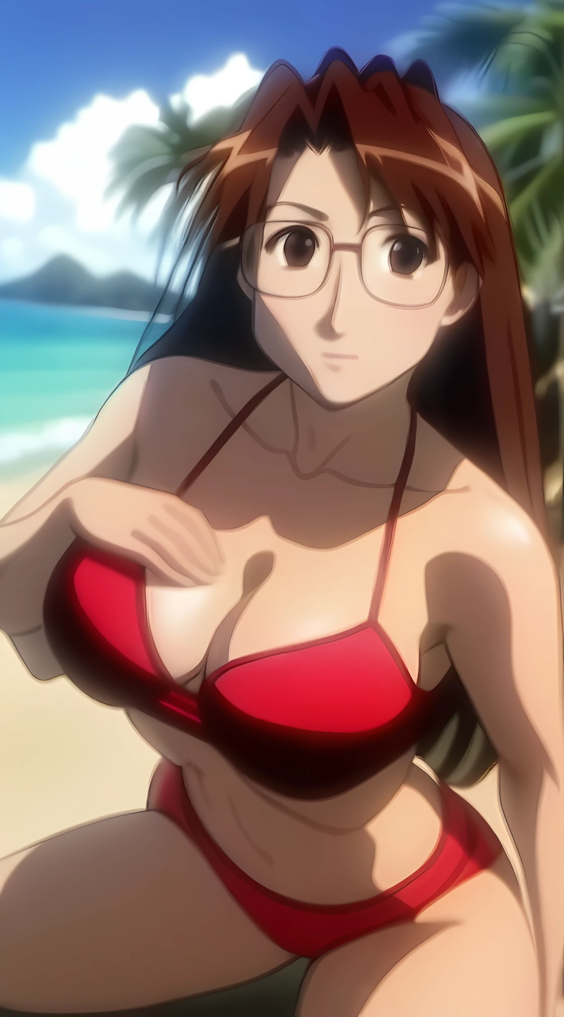 Koyomi Mizuhara, brunette hair, glasses, thirst trap, erotic look, seductive face, big/huge breasts, Bra, thong bikini, sandals, full view ass cheeks, hourglass figure,view from behind at the beach, kneeling up close to the camera, kiss
