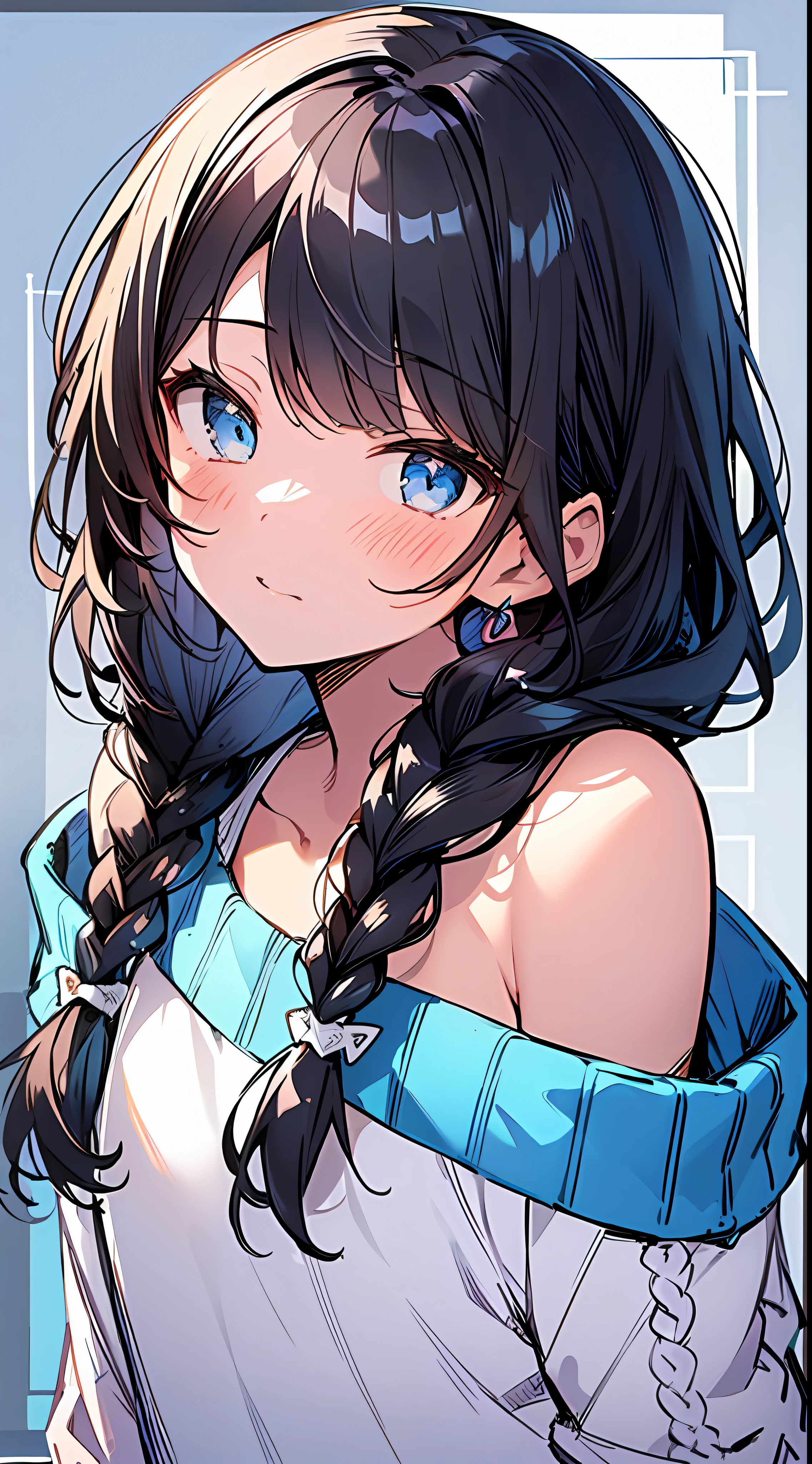 Top Quality, Masterpiece, Ultra High Resolution, 8K, Light Blue Sweater, Anime Style Little Loli, Single, Ultra Detailed Line Art, Digital Enhancement, Anime Core, Flowing Fabric, Close Up, Hair Length to Shoulder and Short Braid, Staring Straight At You, Soft Drawing, Beautiful Black Hair, Looks Really Weak, Crisp Eyes