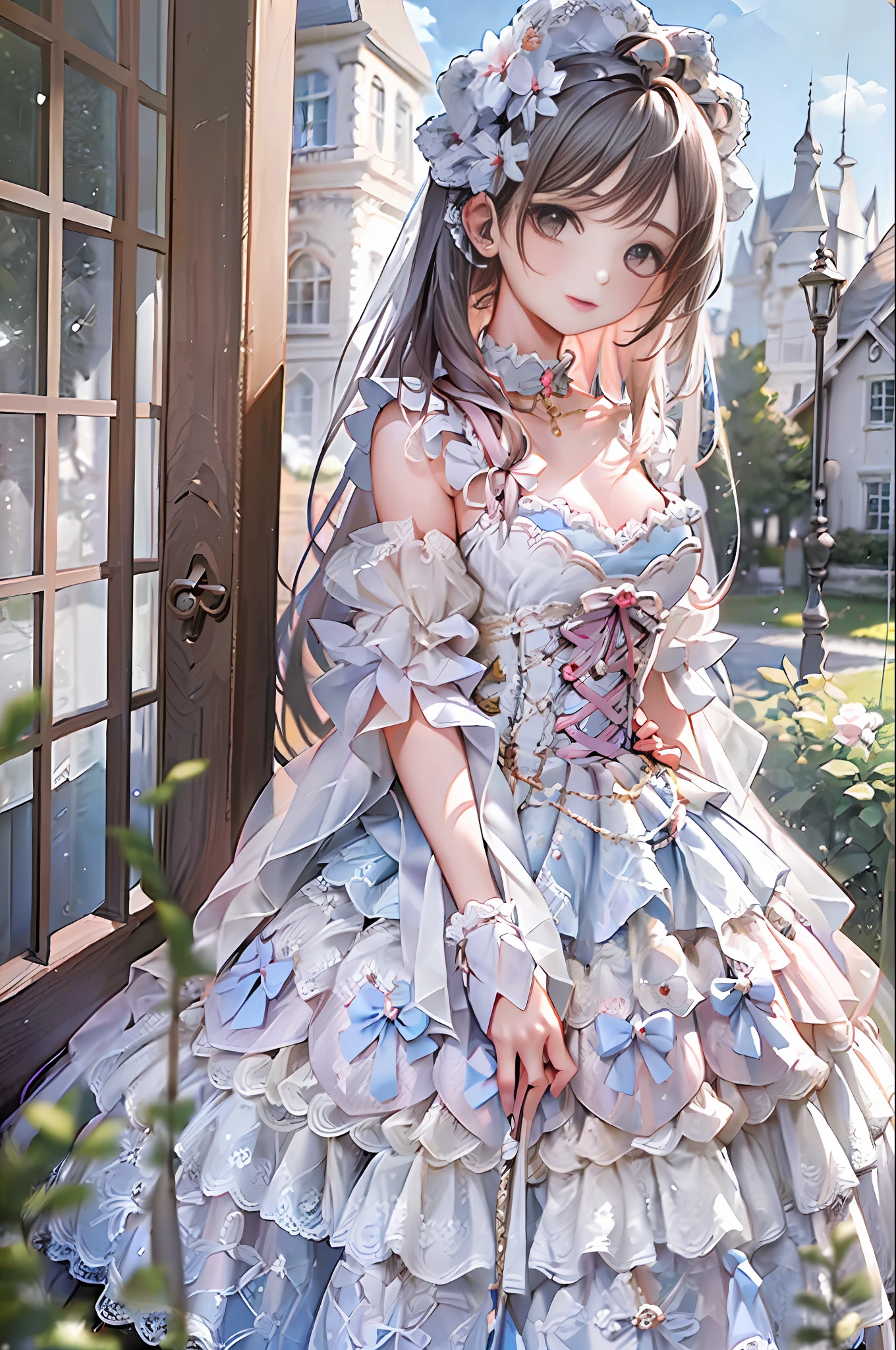(masterpiece, top quality, best quality, official art, beautiful and aesthetic:1.2), 1girl, long black straight hair, solo, standing in garden, looking at viewer, white ta_dress,