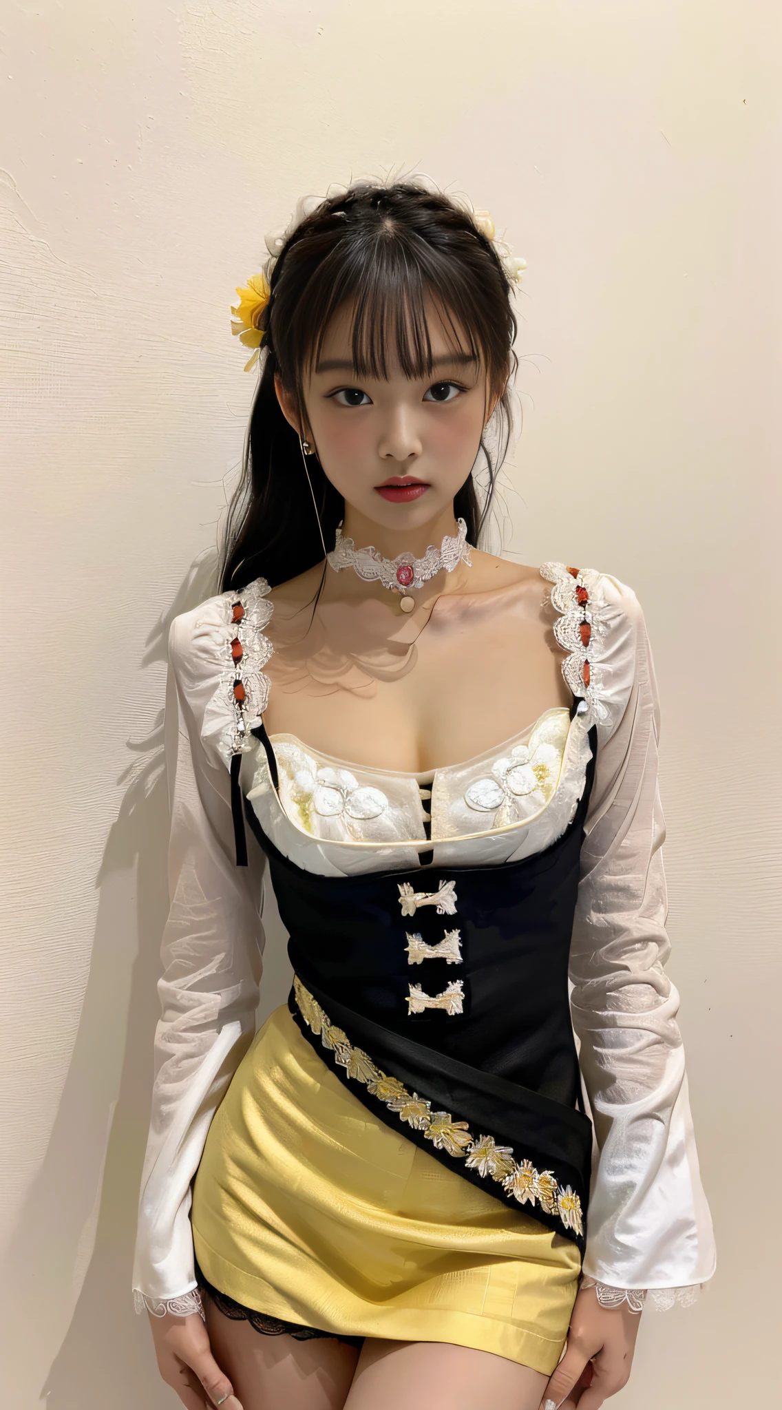Masterpiece, Superb Painting, Realism, Cosplay, Maid, Cafe, 1 Female, (Hanfu, Exposed Dress, Black Shorts, Embroidery, Flowers, Lace, Decoration, Cleavage, Yellow with White Linen Skirt, Round Neck, Stacked Collar),