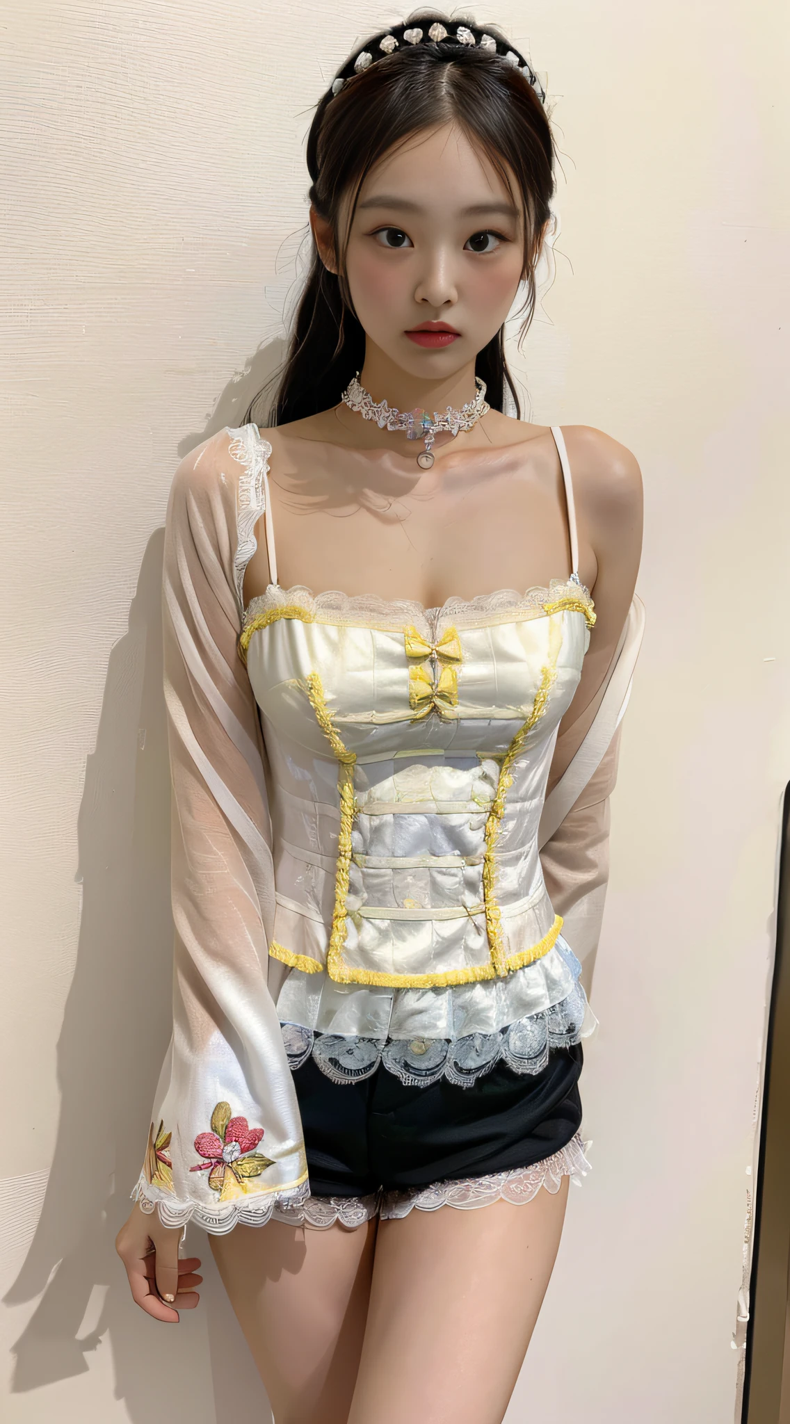 Masterpiece, Superb Painting, Realism, Cosplay, Maid, Cafe, 1 Female, (Hanfu, Exposed Dress, Black Shorts, Embroidery, Flowers, Lace, Decoration, Cleavage, Yellow with White Linen Skirt, Round Neck, Stacked Collar),