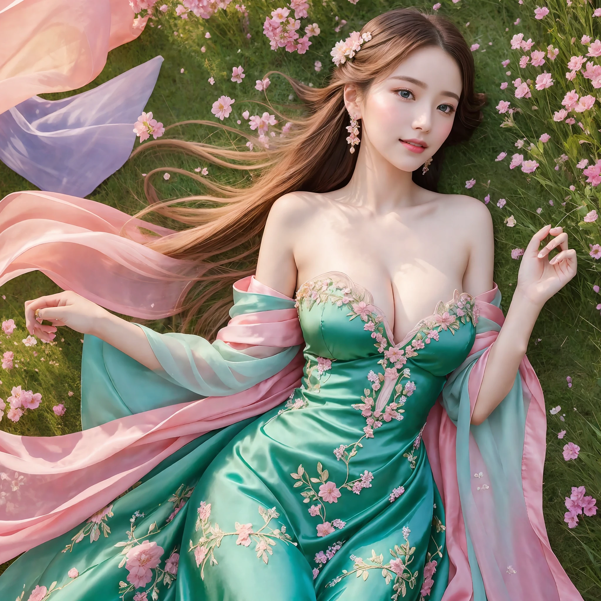 Masterpiece, highest quality, solo, (perfect face: 1.1), (high detail: 1.1), dramatic, dynamic pose, 1girl, breasts, blonde hair, bright blue eyes, solo, cleavage, delicate and characteristic pretty face, long hair, curved, small breasts, hanfu, thighs, intricate patterns, bare shoulders, slender and tall figure, pink lips, she is like a fairy in the mortal world, elegant and elegant. Her dress was made of silk and dyed a soft pink color to match the glow of the sky. The dress has intricate embroidery of flowers and birds, showing her elegant taste and noble status. She wore a jade-colored hairpin on her long black hair, which fluttered behind her as she ran. Her face is delicate and flawless, with bright eyes and rosy lips. She smiled and enjoyed the freedom and beauty of nature. The fields are covered with green grass and colorful wildflowers that sway in the breeze. The sun sets behind the mountains, casting a warm glow on the entire scene. She looks like a painting, a dream, a poem.