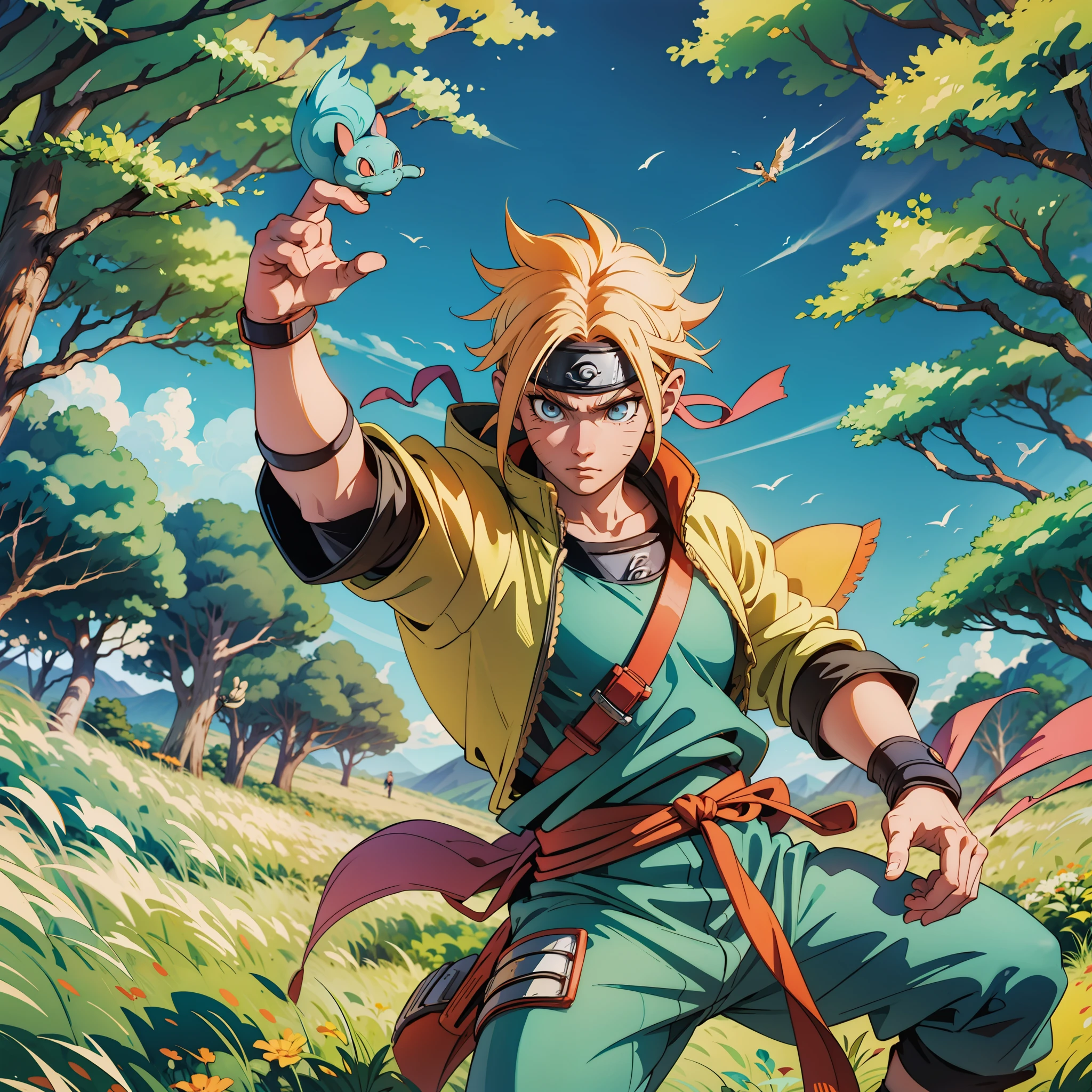 Naruto, uses his magical powers, heroic pose, fights, bright colors, Kanoha village, super detail