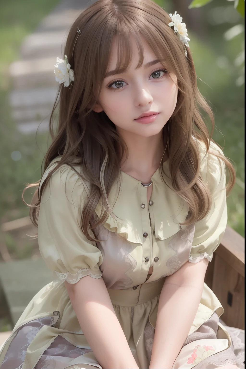 ((Best Quality:1.2, 8k, photo realistic:1.4, Masterpiece, shiny sun Lighting, Ultimate pretty Girl, Highly Detailed beautiful Textures, detailed beauty makeup, realistic skin, detailed eyes, detailed bangs)),5yo,(floral back ground), ((pale white Princess dress)), (hair ornament), (Grinning ear to ear), (detailed brilliant brown and silver two-tone wavy medium hair), (()), (head tilt), sit, look at viewer, from above,( wind)