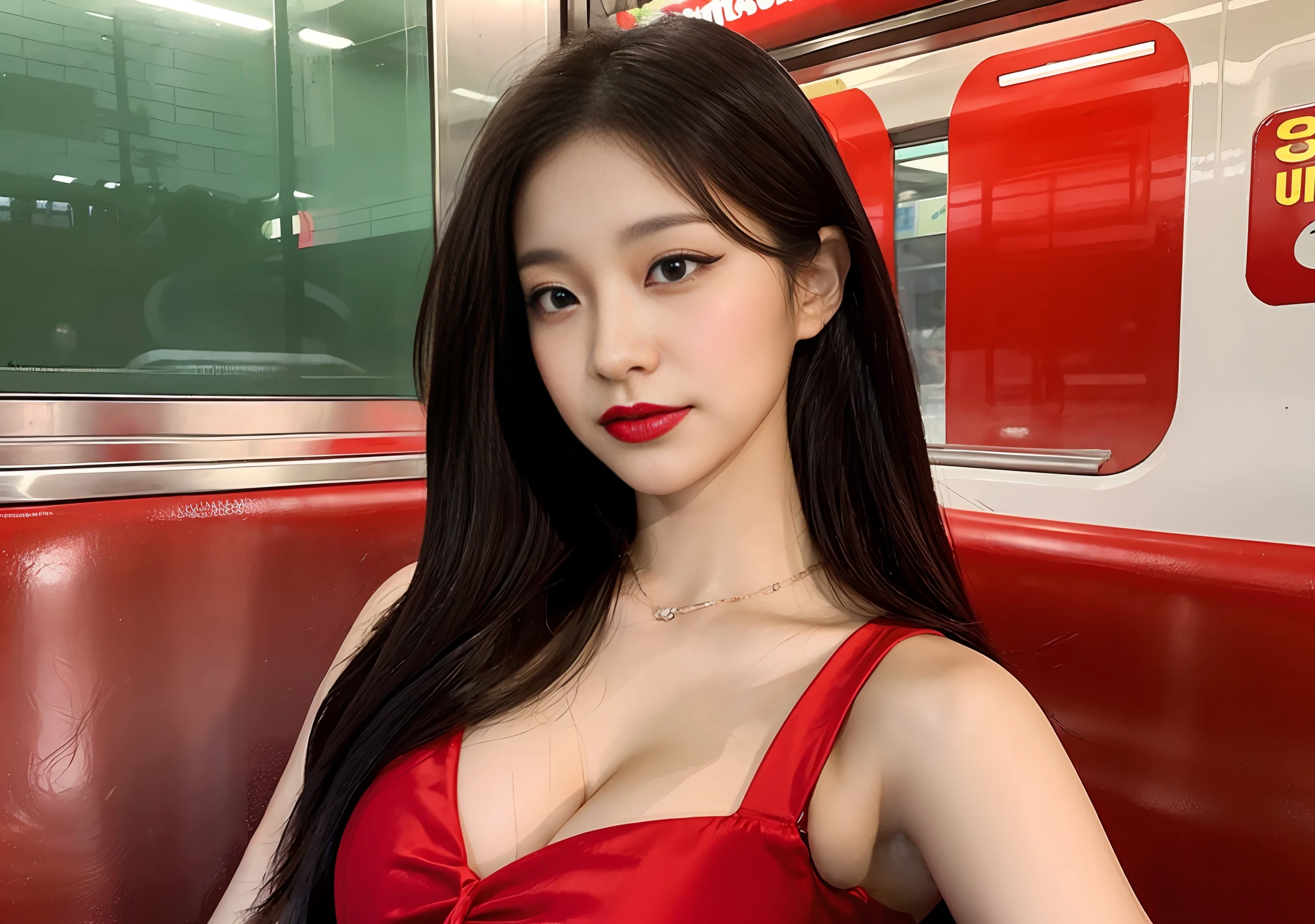 Close-up of a woman in a red dress posing for a photo, ((subway, seat)) sleeveless red dress, beautiful Korean woman,
