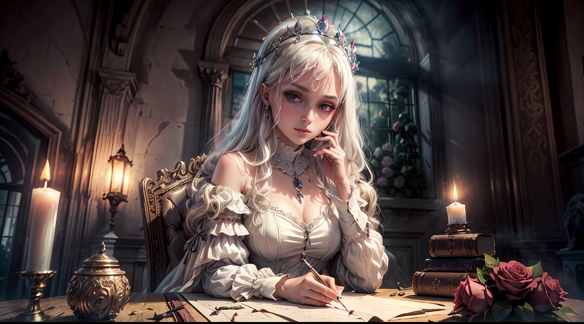 ((best quality)), ((masterpiece)), (very detailed: 1.3), 3D, NeonNoir, beautiful dark queen, rose, (with weird pendant on chest: 1.2), (diamond-shaped pupils: 1.2), (wearing a rose decorative dress: 1.2), dressed gorgeously, (wearing a crown: 1.2), candles shining with an eerie light, (white emanating: 1.1), contemptuous eyes, in a ruined castle, (sitting at desk: 1.2), (writing letters: 1.2), facing the window, Sony master lens,
