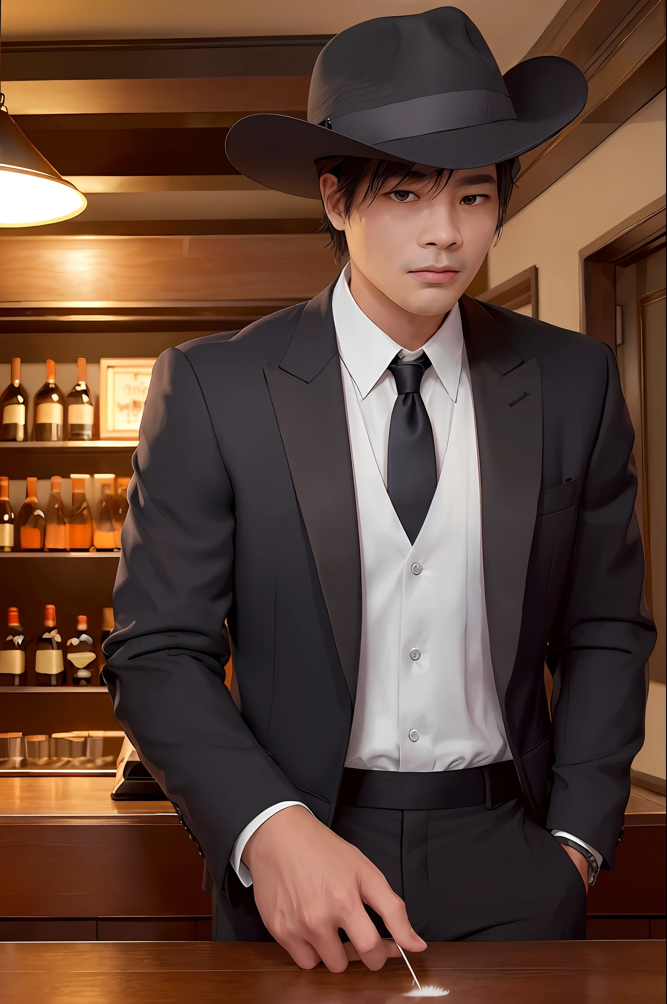 Business suit. Dark and sharply tailored suit. Crisp white shirt. A tie that resonates with power. Half-hidden face under the classic fedora. Sharp eyes that speak volume. Vintage cigar in hand. Mysterious smoke. A dimly lit room reminiscent of a speakeasy in the basement. Rows of liquor bottles in the background. Rich wood decoration. Vintage feel. Obvious nervousness. Cool and unwavering attitude, (Masterpiece: 1.0), (Best Quality: 1.4), (Ultra High Resolution: 1.2), (Complex Detail: 1.3), (Soft Focus: 1.4), (Sharp Focus: 1.4), Raw Photo, Single, Glasses, Determined