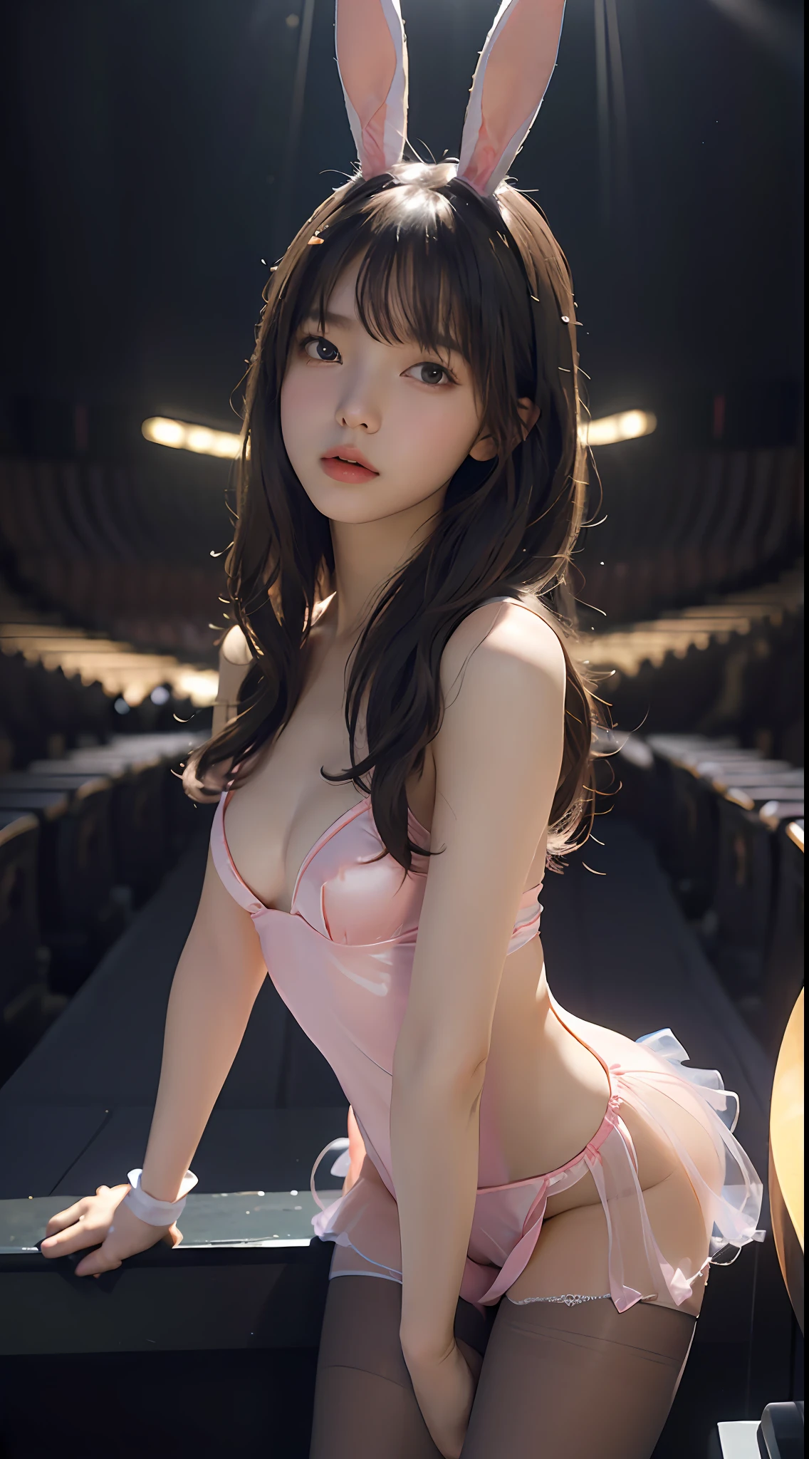 Chu and beautiful proportions, masterpiece, top quality, highly detailed CG uniform 8k wallpaper, light on the face, (without panties) (without bra)), ((on the circular stage of the strip theater of darkness, 15-year-old girl transparent bunny girl costume with sensual look))), (showing small breasts), (multi-ray spotlight), ( Transparent Bunny Girl Costume)), illustration, very detailed, CG, unification, 8k wallpaper, fantastic, fine details, masterpiece, top quality, highly detailed cg uniform 8k wallpaper, red light, movie lighting, 15.year old girl, (without panties)), (((Sleeping on your back)))), (camel toe) ((on the circular stage of the strip theater in the dark), ( multi-ray spotlight), (pantyhose), (legs bending the knees)) sensual expression with fingers biting sweetly), (without makeup) (transparent bunny girl costume) (pink lighting on the left side of the screen, dark areas with shadows on the right), (((transparent bunny girl costume)) (posing lying on your back on the circular stage of a strip theater of darkness))), (multi-ray spotlight)))