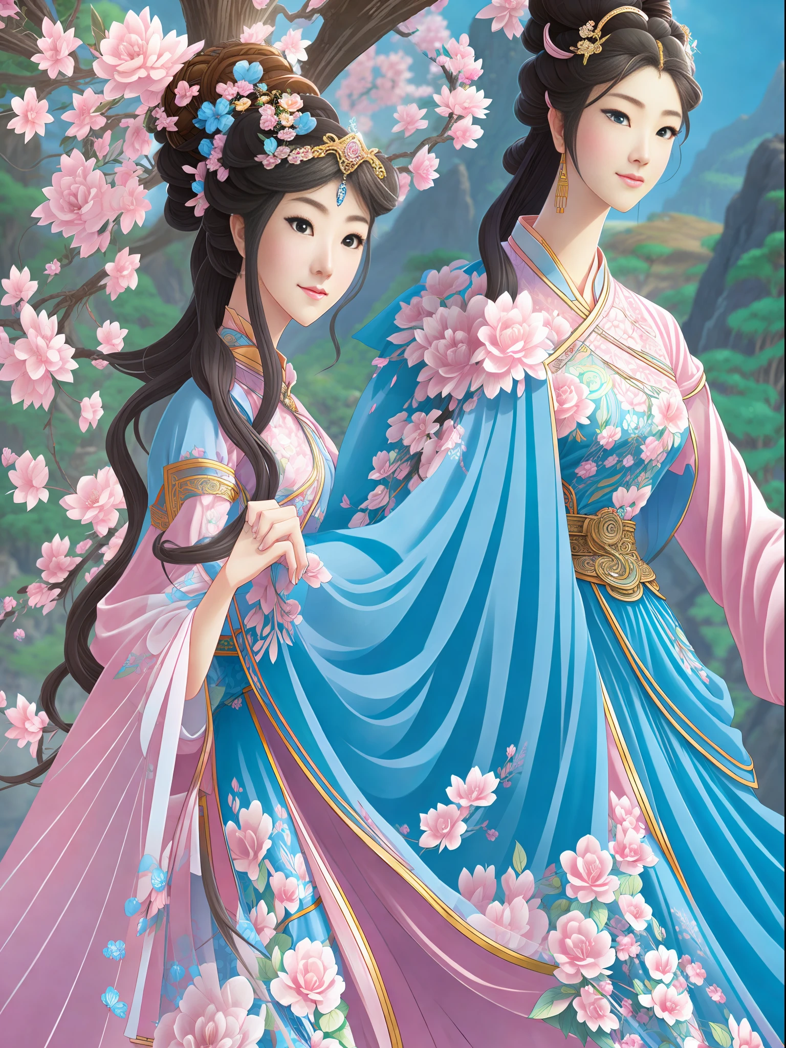 Close-up of a woman in pink and blue dress, art style on the mountain, detailed fantasy art, mountain top looking into the distance, stunning character art, epic exquisite character art, beautiful Chinese national style costume, detailed realistic art, ethnic style girl, not showing hands