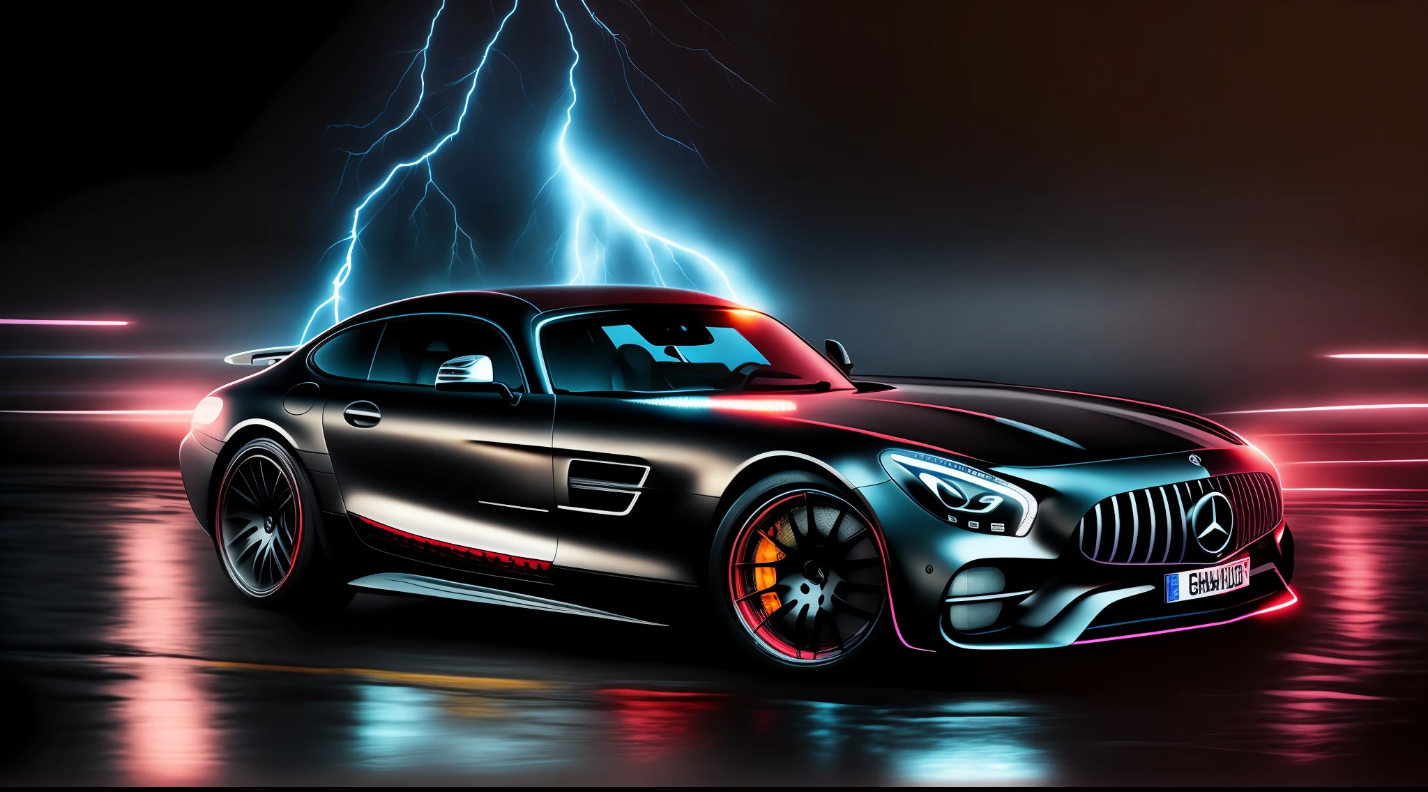 Canon 5D photo, Mercedes AMG GT, sports car, coupe, black background, huge lightning, flash, thunderbolt, (thunder) night, rainy night, neon signs, lights, brake lights, lightning, light spot