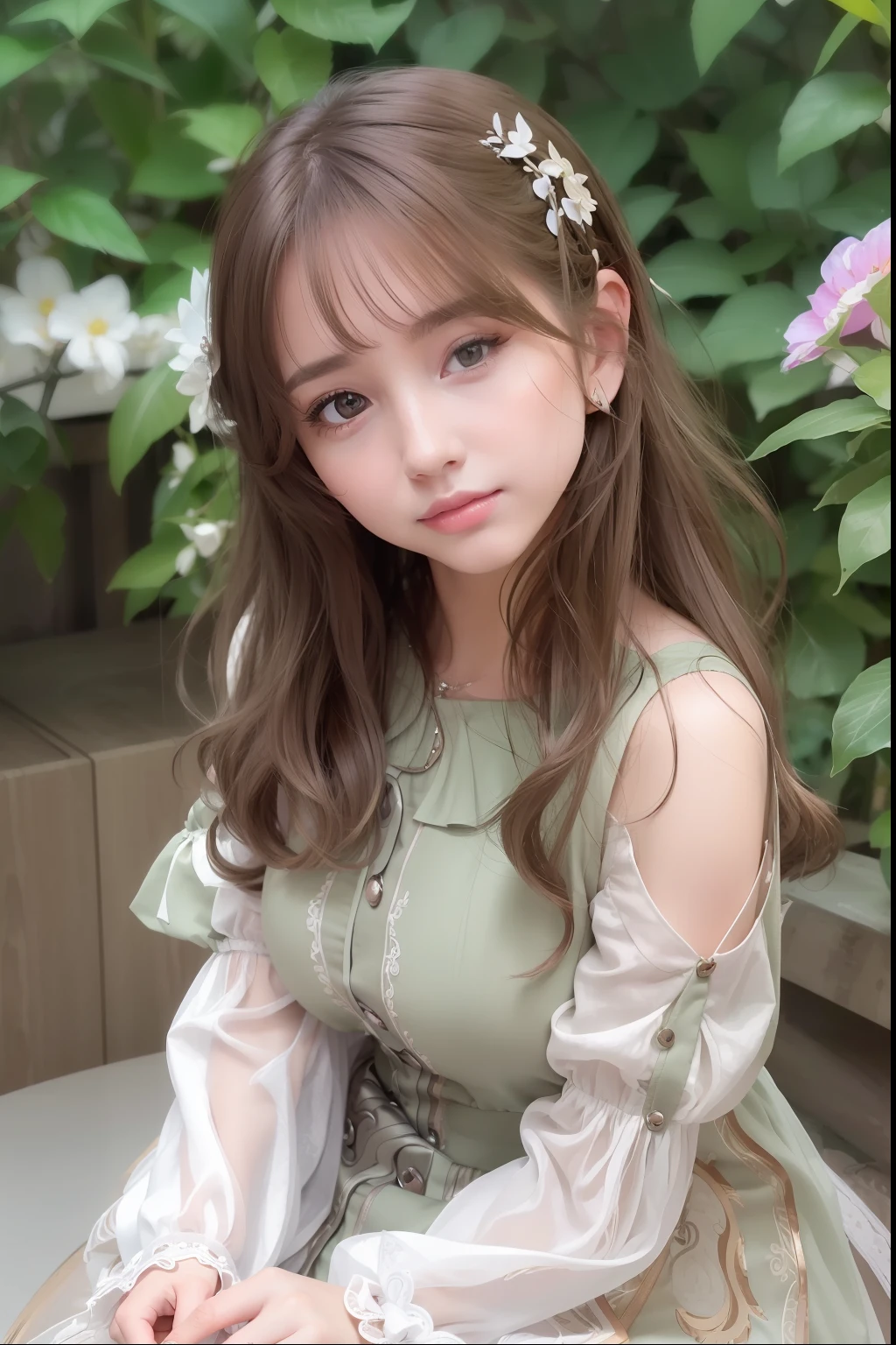 ((Best Quality:1.2, 8k, photo realistic:1.4, Masterpiece, shiny sun Lighting, Ultimate pretty Girl, Highly Detailed beautiful Textures, detailed beauty makeup, realistic skin, detailed eyes, detailed bangs)),5yo,(floral back ground), ((pale white Princess dress)), (hair ornament), (Grinning ear to ear), (detailed brilliant brown and silver two-tone wavy medium hair), ((baby face)), (head tilt), sit, look at viewer, from above,( wind)