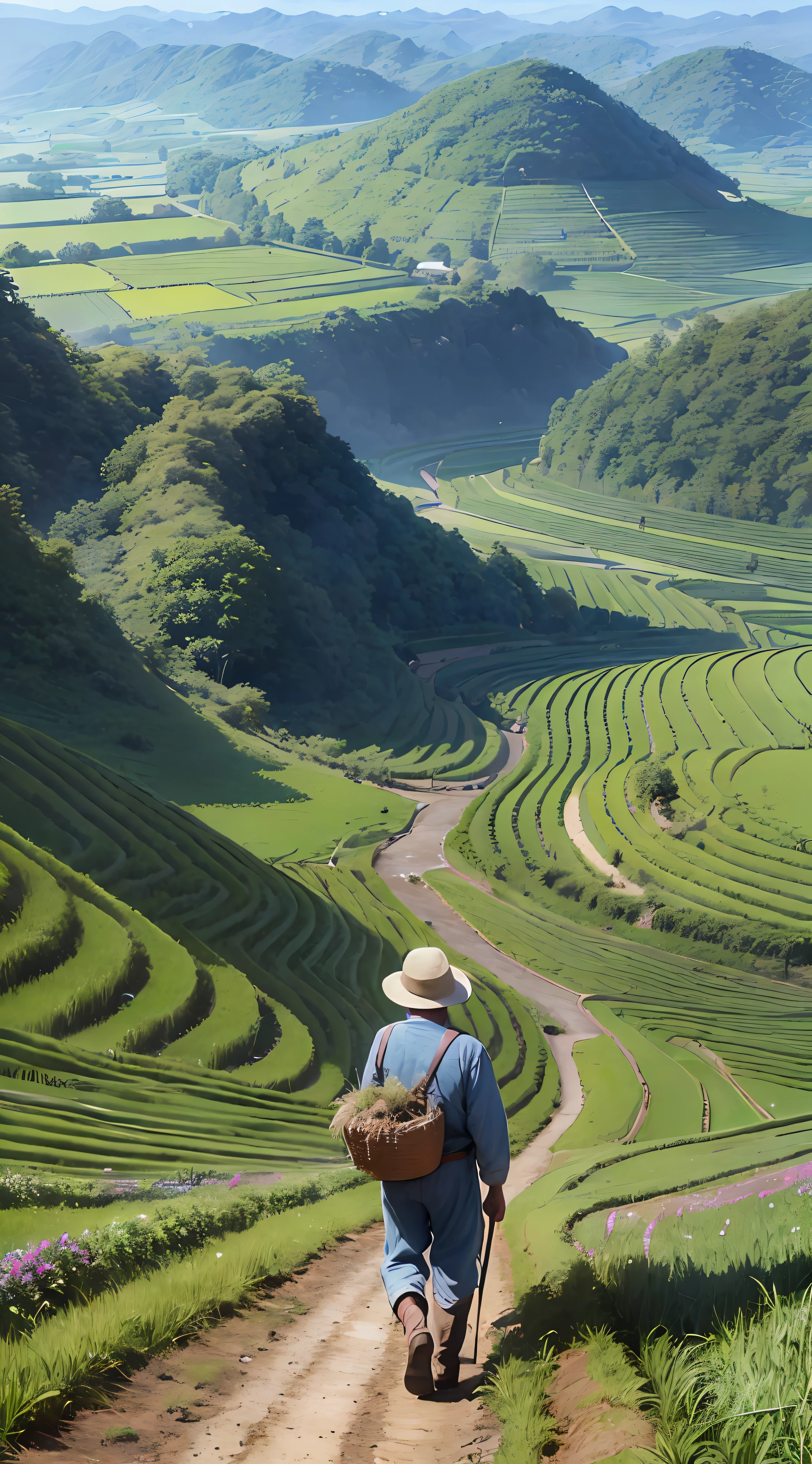 An old farmer carrying a flat burden, walking on the winding path of the countryside, big clouds, blue sky, rice fields, neat rice seedlings in the field, forest, hillside, secluded, countryside, HD detail, hyper-detail, cinematic, surrealism, soft light, deep field focus bokeh, ray tracing and surrealism. --v6