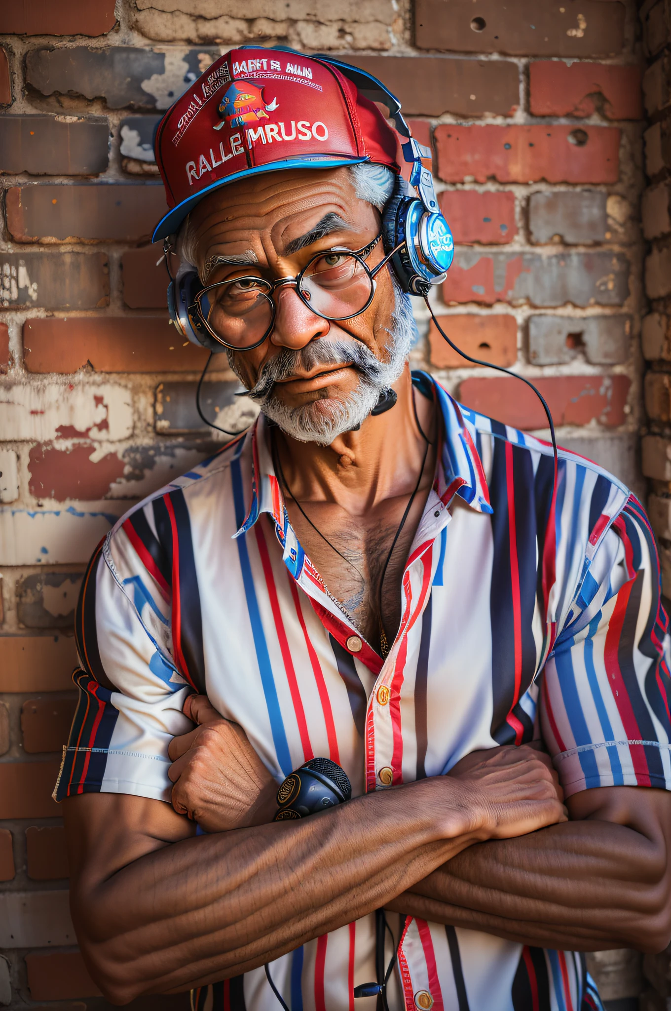 ((best quality)), (super detail)), ((masterpiece)), photo, scene: equipped radio studio, theme: character: old buffalo, appearance: DJ with beard, headphones and microphone on a stand, action: dancing, facial expression: expressive, holds vinyl records, bright T-shirt, blue jeans, white sneakers, perspective: 4K.