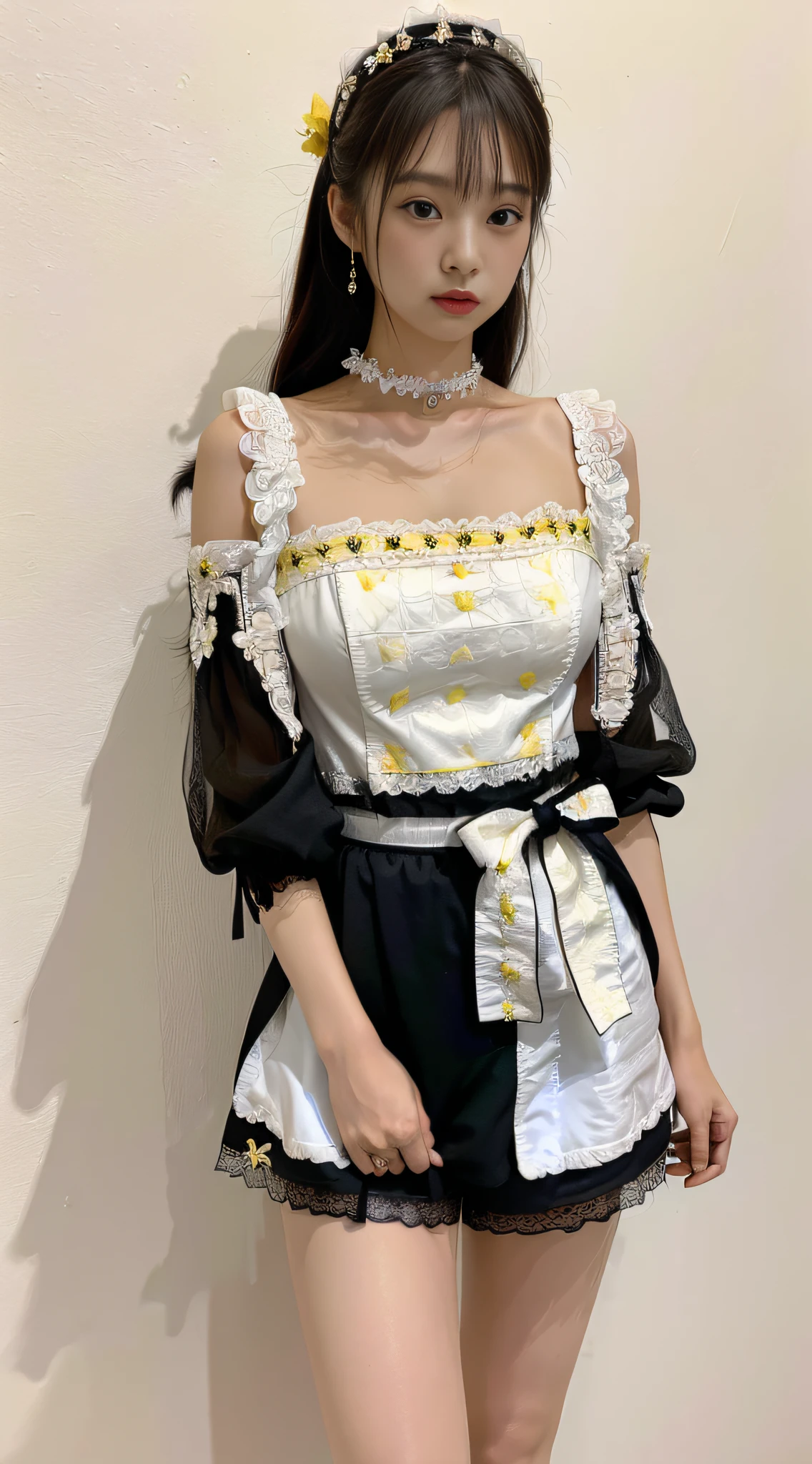 Masterpiece, Superb Painting, Realism, Cosplay, Maid, Cafe, 1 Female, (Hanfu, Exposed Dress, Black Shorts, Embroidery, Flowers, Lace, Decoration, Cleavage, Yellow with White Linen Skirt, Round Neck, Stacked Collar),