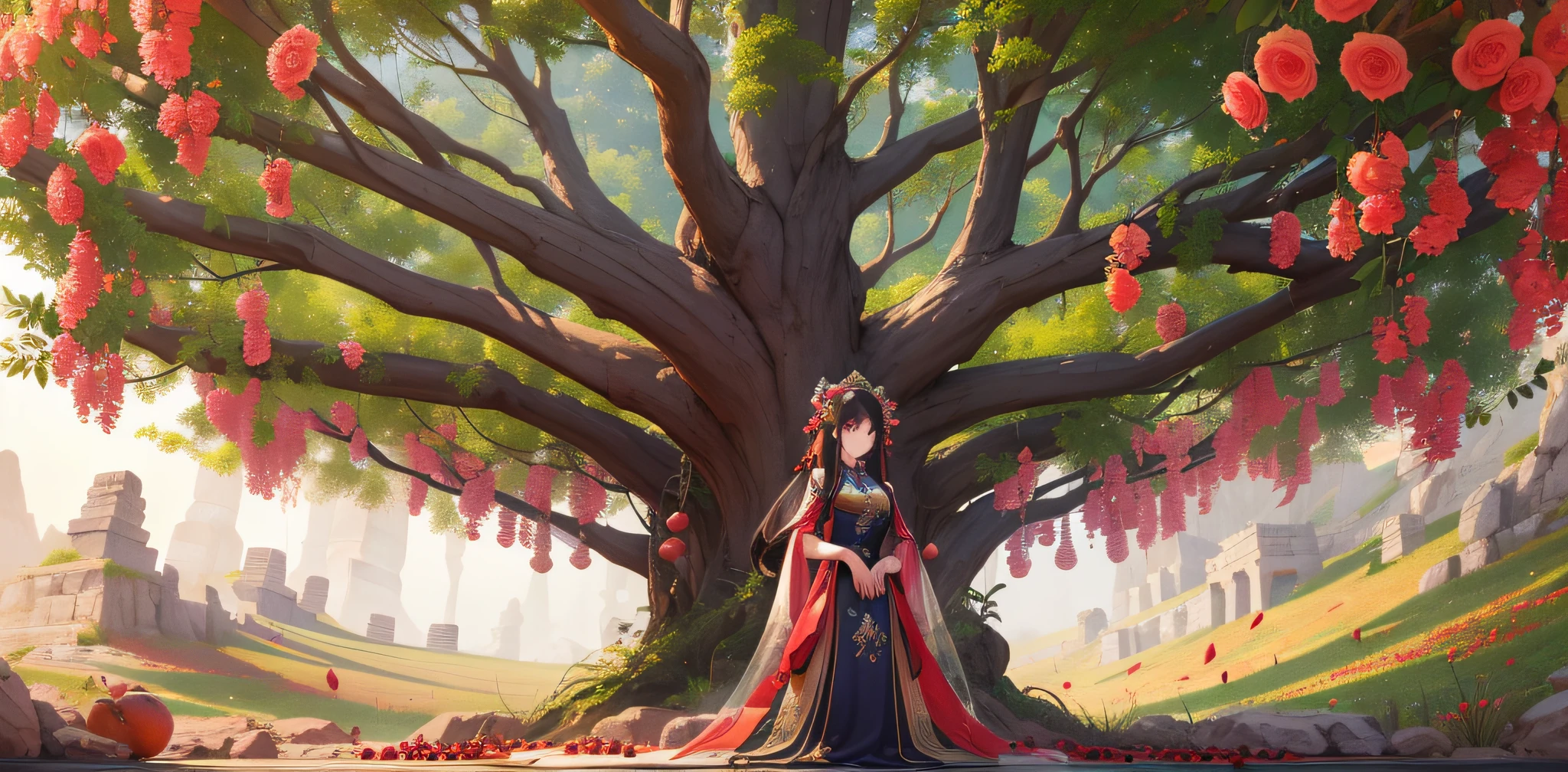 A beautiful girl in ancient China, mysterious temperament, gorgeous long dress, huge pomegranate tree, pomegranate flowers, standing under the tree, sunlight, clear face, masterpiece, super detailed, epic composition, high quality, highest quality , 4k --v 6