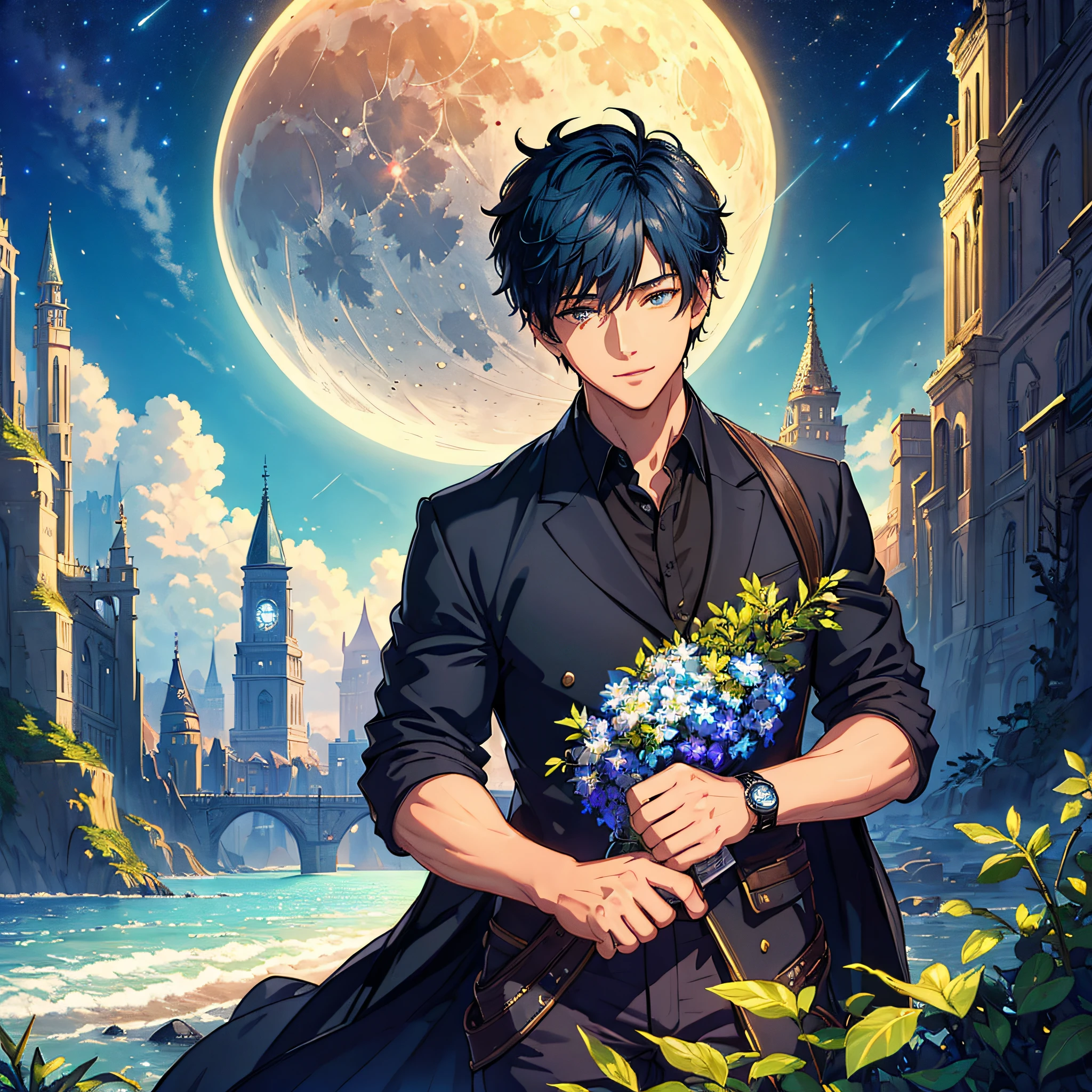 (masterpiece:1.5), (ultra-detailed), (extremely detailed CG, ultra-detailed, best shadow:1.1), 1boy, solo, fantasy, night sky, outdoors, moon, stars, clouds, short blue hair, black shirt, focus on subject, extremely detailed eyes, shadow on face, looking at viewer, light smile, mysterious, hyper detailed, texture, detail, realism, depth, perspective, special effects, composition, scale, foreground, middle ground, background, perspective, light, color, texture, detail, beauty, wonder, mature young man, fantasy city