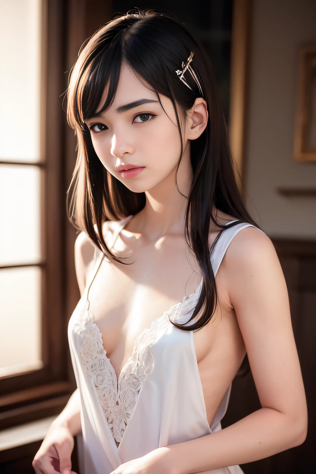 RAW photo, delicate, best quality, (intricate details:1.3), hyper detail, finely detailed, colorful, 8k uhd, film grain, (studio lighting:1.2), (Fujifilm XT3), (photorealistic:1.3), (detailed skin:1.2), lens flare, shade, backlighting, bloom, depth of field, natural lighting, hard focus, film grain, look at the viewer, NSFW,
1 girl, 18 yo, solo focus, skinny, pale skin, soft lips, (light eyebrow:1.4),shiny brown eyes, black long hair, hair clip, small breasts, beautiful detailed sky, floating hair, bathroom, (nose blush), beautiful detailed eyes, uniform