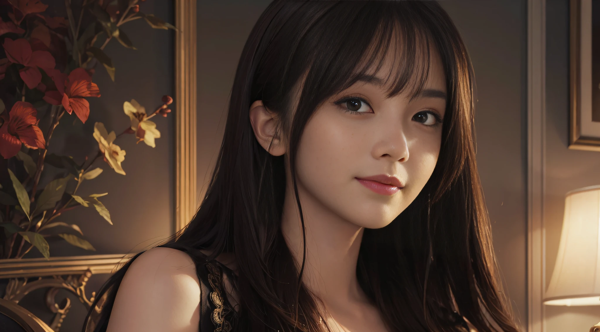 (Ultra Realistic), (Illustration), (Increased Resolution), (8K), (Extremely Detailed), (Best Illustration), (Beautiful and Detailed Eyes), (Best Quality), (Ultra Detailed), (Masterpiece ), ( wallpaper), (detailed face), solo, 1 girl, looking at viewer, fine details, detailed face, in the dark, deep shadows, low key, pureerosfaceace_v1, smiling, long hair, black shawl straight hair , 46 points oblique bangs