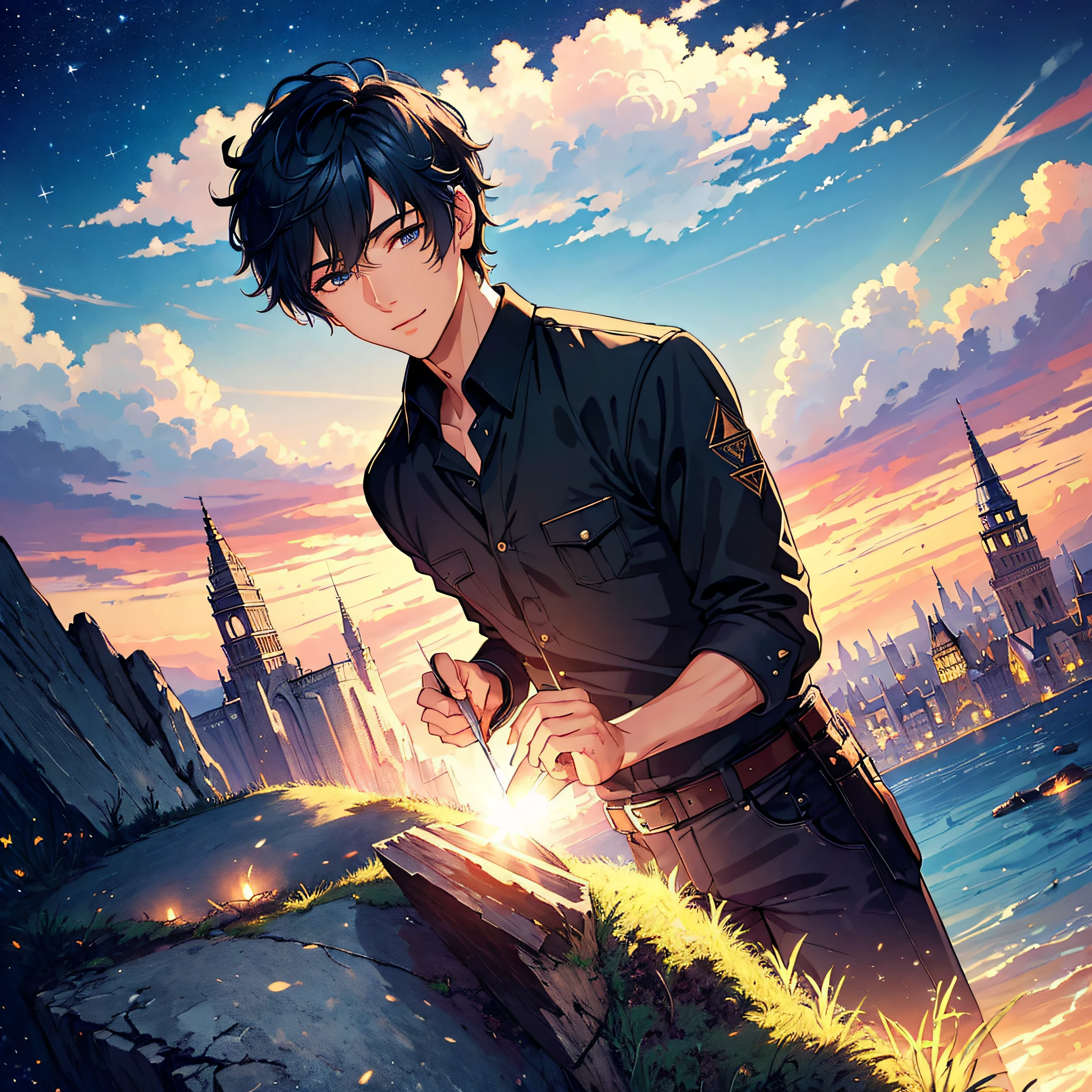 (masterpiece:1.5), (ultra-detailed), (extremely detailed CG, ultra-detailed, best shadow:1.1), 1boy, solo, fantasy, night sky, outdoors, moon, stars, clouds, short blue hair, black shirt, focus on subject, extremely detailed eyes, shadow on face, looking at viewer, light smile, mysterious, hyper detailed, texture, detail, realism, depth, perspective, special effects, composition, scale, foreground, middle ground, background, perspective, light, color, texture, detail, beauty, wonder, mature young man, fantasy city
