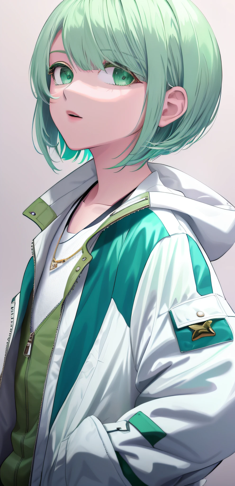 roitz, 1girl, solo, Mint green hair, French bob, Bomber Jacket, (white clothes:1.3), masterpiece, best quality