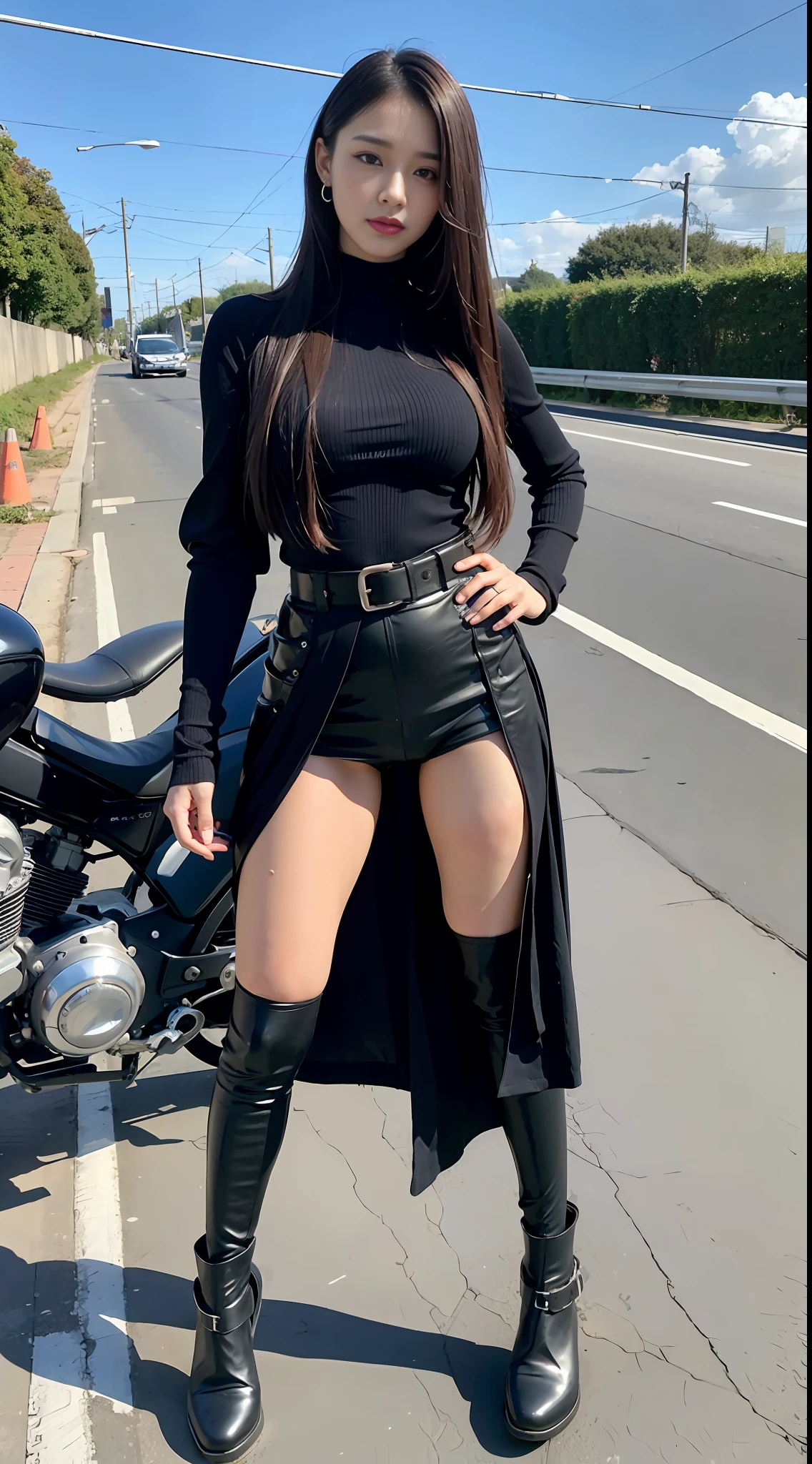 highway, driving, (top quality, masterpiece: 1.4), (realism: 1.2), (realism: 1.2), (absurdity: 1.2), 4K, detailed, ultra-detailed, detailed face, (ultra-detailed eyes: 1.2), female cyborg, enhanced, ultra-muscular, cyberpunk, gun-carrying, humanoid, transcendent beauty, full body, body parts, instruments, motorcycle