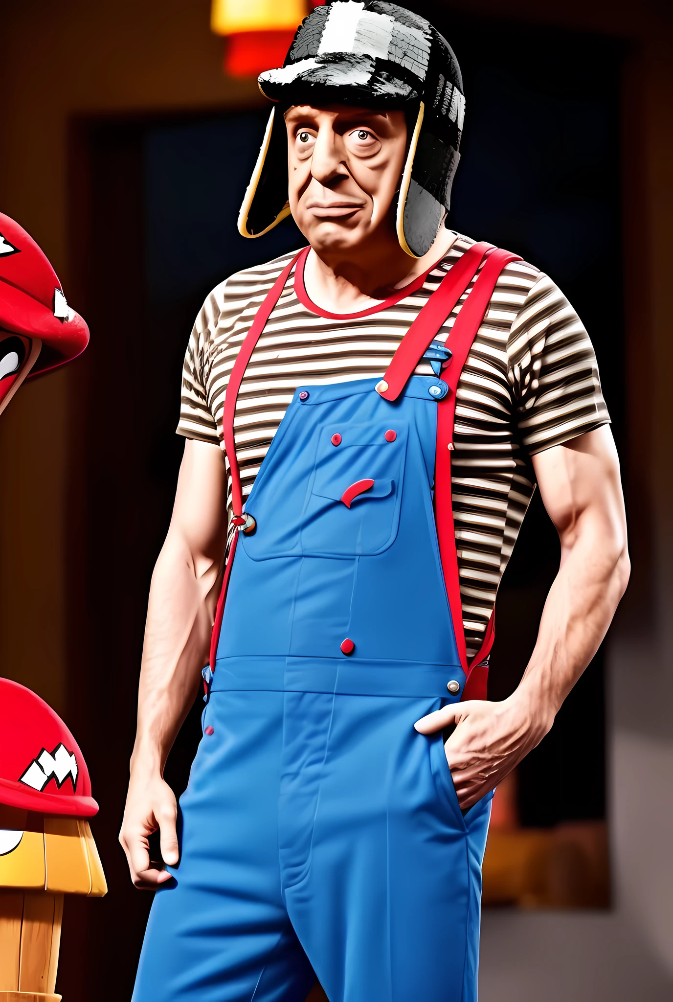 photo of ((elxchavo)) as asterpiece, highres, 8k, ultra detailled, perfect lighting, cinematic lighting Chris Pratt as Mario super Mario style looking at viewer black hair blue overalls thick mustache red hat red shirt long sleeve white gloves outdoors mushroom kingdom castle bricks 1-up mushroom vibrant vivid color high contrast hdr
