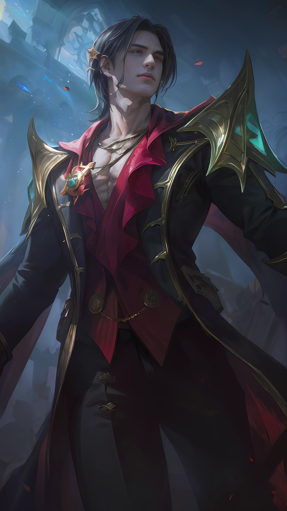 (Absurdres, Intricate Details, Masterpiece, Best Quality, High Resolution, 8k), 1 male, thin, young, aged up, masked, finely detailed eyes and face, auburn low-fade hair, amber eyes, portrait, looking at viewer, solo, half shot, detailed background, (light fantasy theme:1.1), focusing, mercenary, sunshine, floating scraps, color plate armor, divine aura, bright realistic lighting, marble castle, intense atmosphere, circlet, coat of arms, brazier, , Depth of Field, VFX.