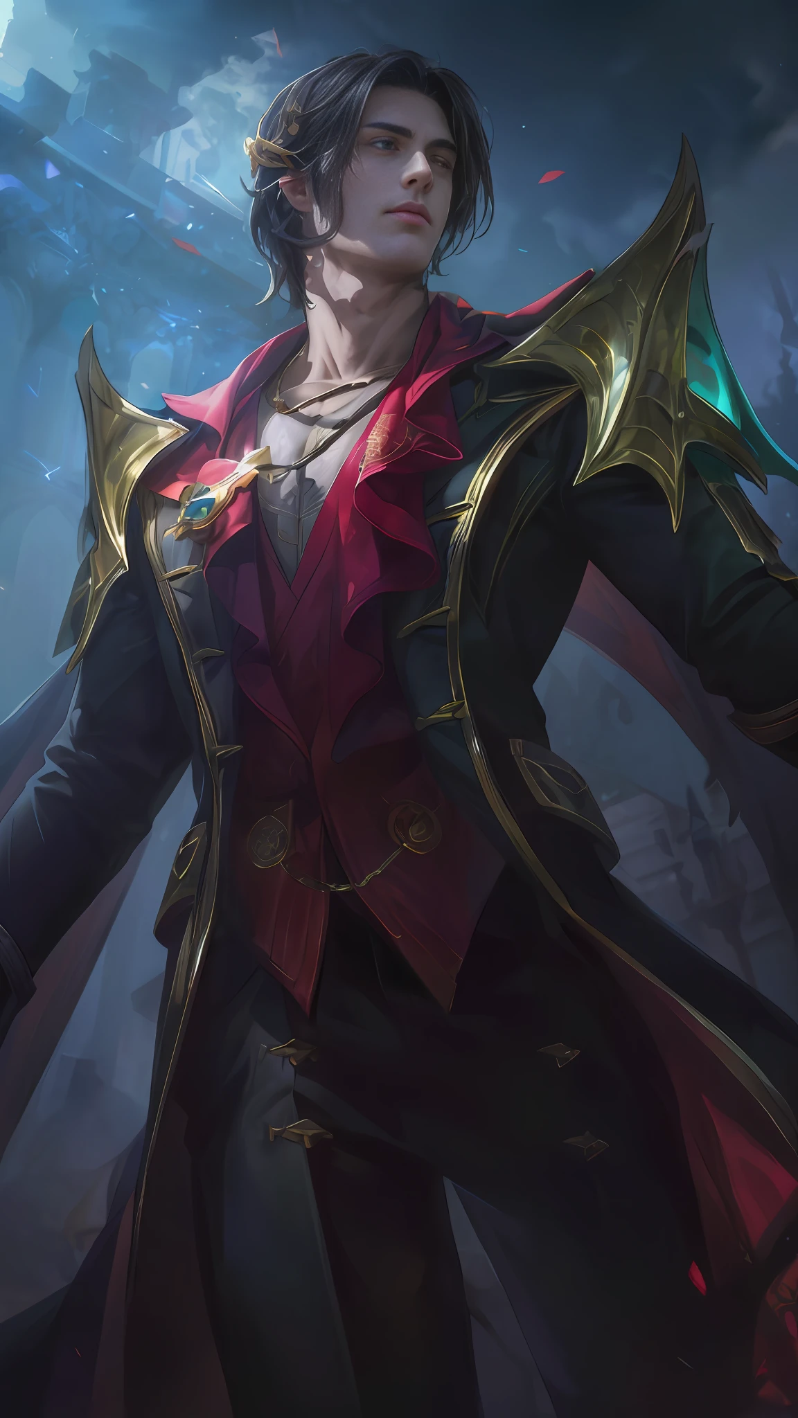(Absurdres, Intricate Details, Masterpiece, Best Quality, High Resolution, 8k), 1 male, thin, young, aged up, masked, finely detailed eyes and face, auburn low-fade hair, amber eyes, portrait, looking at viewer, solo, half shot, detailed background, (light fantasy theme:1.1), focusing, mercenary, sunshine, floating scraps, color plate armor, divine aura, bright realistic lighting, marble castle, intense atmosphere, circlet, coat of arms, brazier, , Depth of Field, VFX.