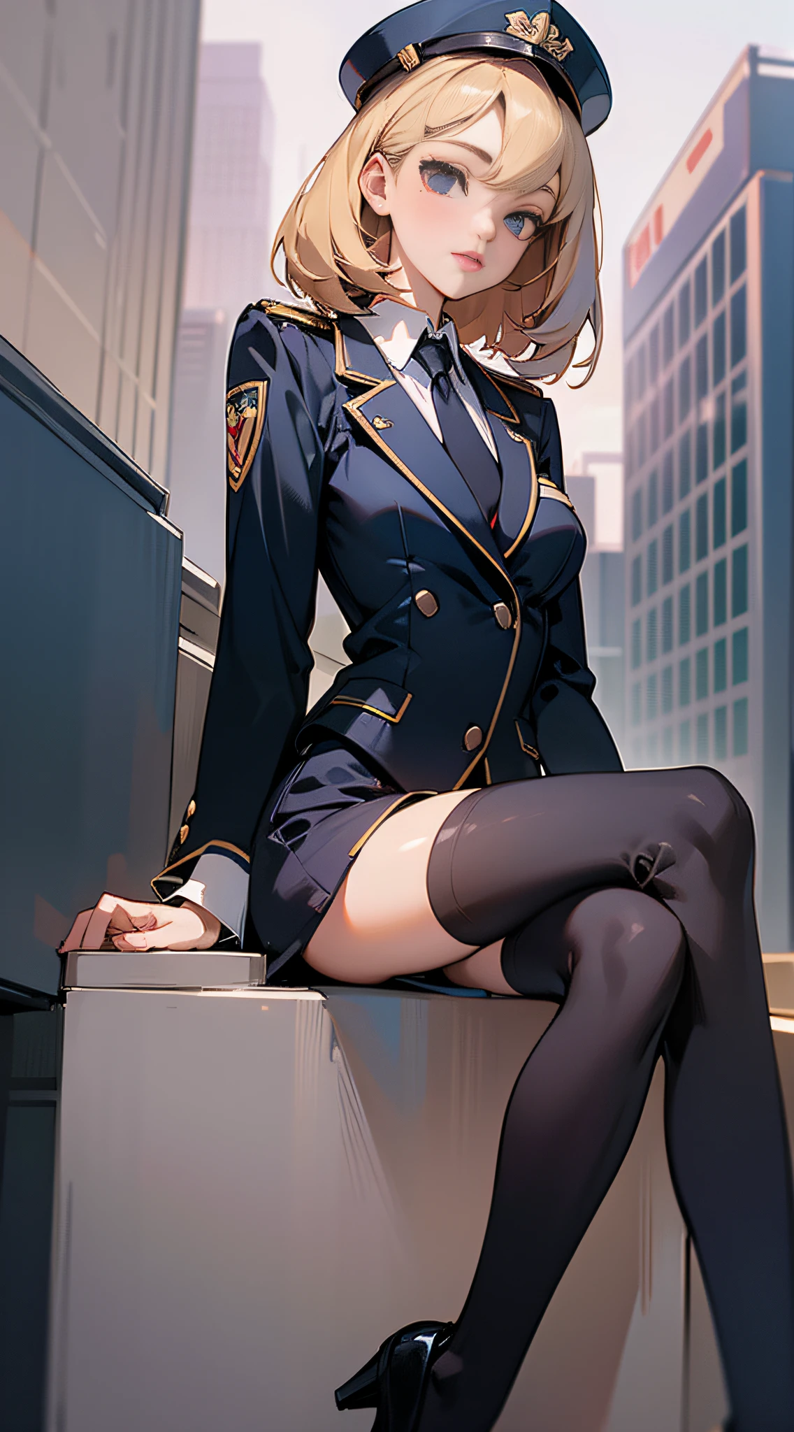 Best quality, full body portrait, delicate face, pretty face, 25 year old woman, slim figure, small bust, OL uniform, office clothes, black stockings, outdoor scene, sitting position
