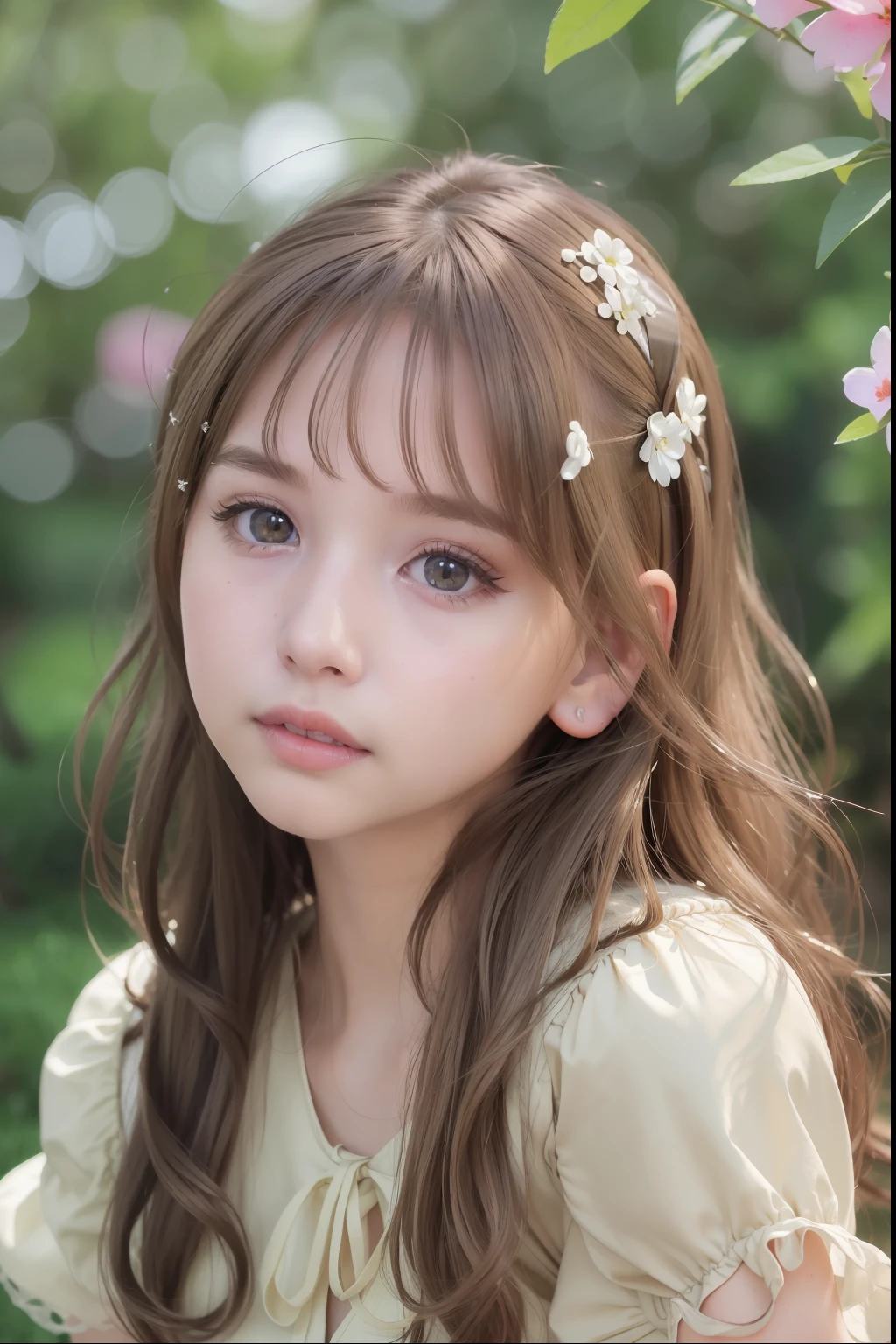 ((Best Quality:1.2, 8k, photo realistic:1.4, Masterpiece, shiny sun Lighting, Ultimate pretty Girl, Highly Detailed beautiful Textures, detailed beauty makeup, realistic skin, detailed eyes, detailed bangs)),5yo,(floral back ground), ((white Fit and flare dress )), (hair ornament), (Grinning ear to ear), (detailed brilliant brown and silver two-tone wavy medium hair), ((baby face)), (head tilt), sit, look at viewer, from above,( wind)