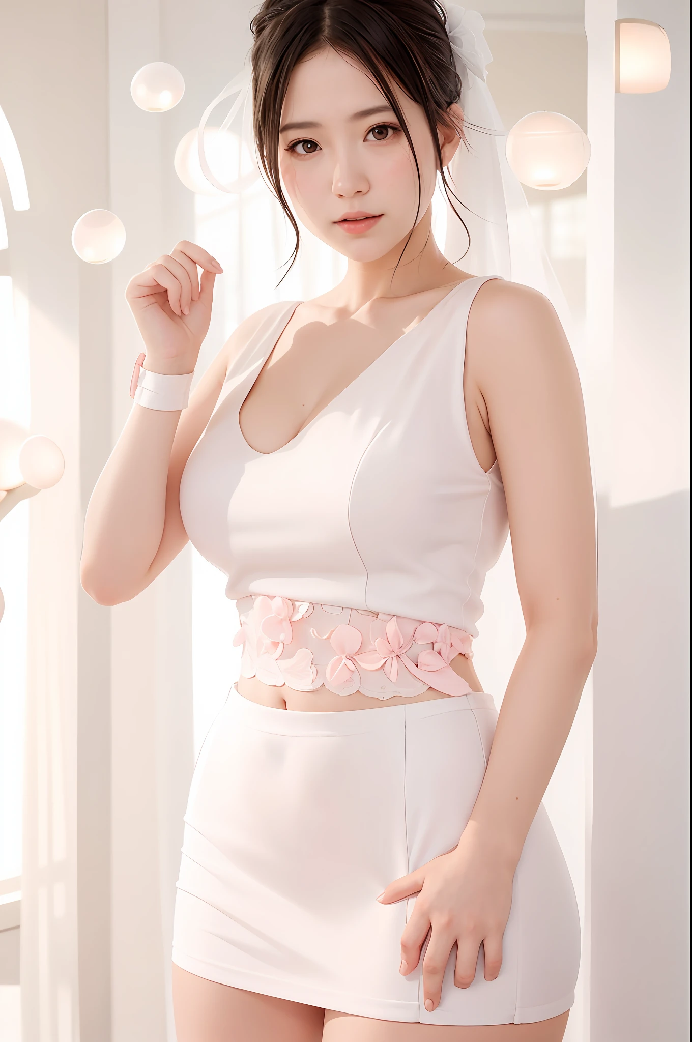 light pink wedding dress,white mini skirt,(sweat:0.7),woman,japanese,cute face, beautiful face,bare shoulders,shoulders all exposed,translucent skin,black eyes,black hair,(photorealistic:1.4),realistic details, high resolution,bokeh,outstanding details