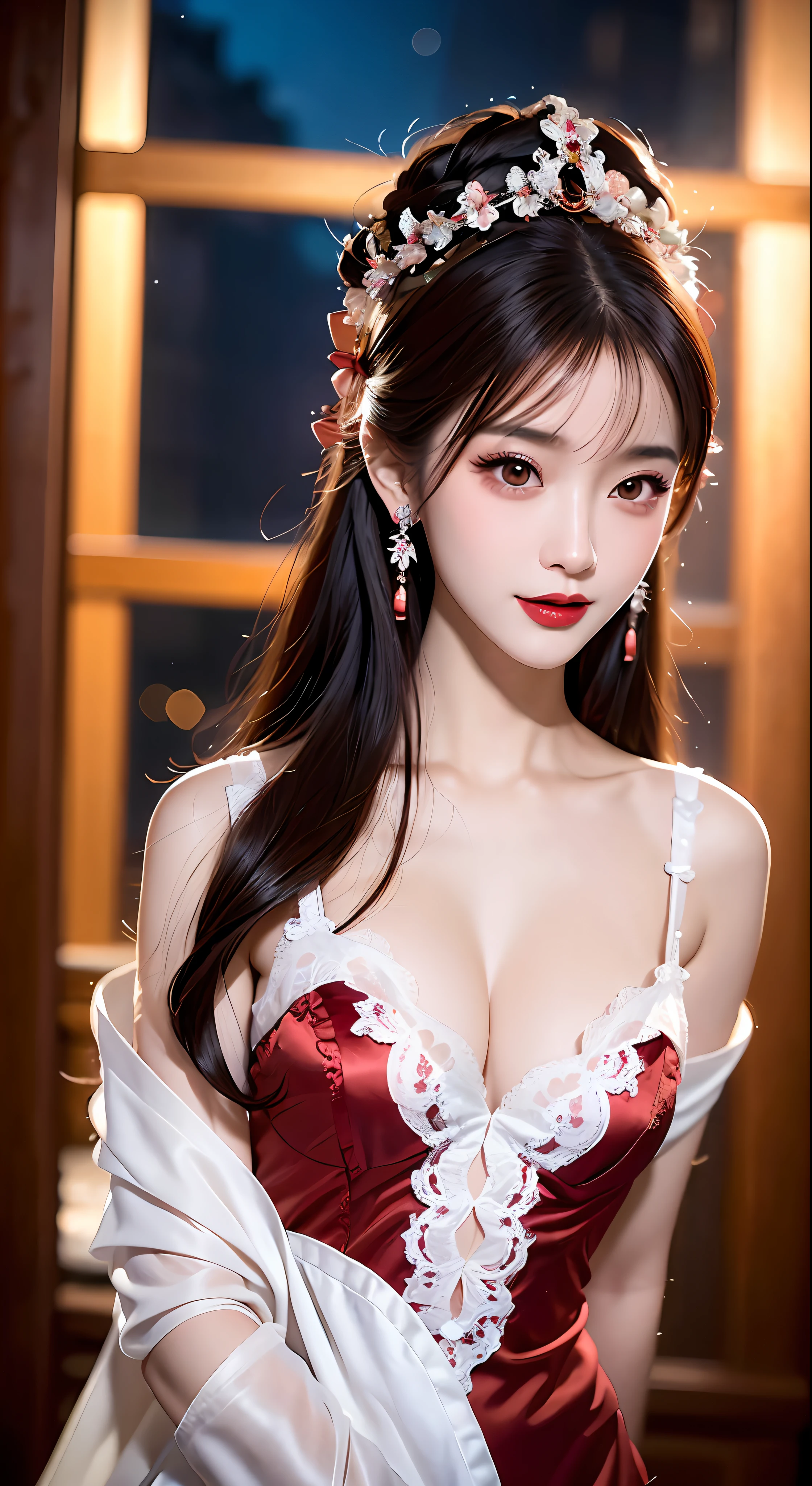 1 girl wearing red lace nightgown, open-breasted nightgown, chinese style clothes, ancient costume, flawless pink and white face, crown on her head, hip-length black hair, very brown eyes beautiful and sharp, small red lips, lipstick lips, earrings, white and even teeth, high nose, big round breasts, elongated legs, thin mesh black socks, portrait, most realistic, highest quality , best pixels, 8k ultra,