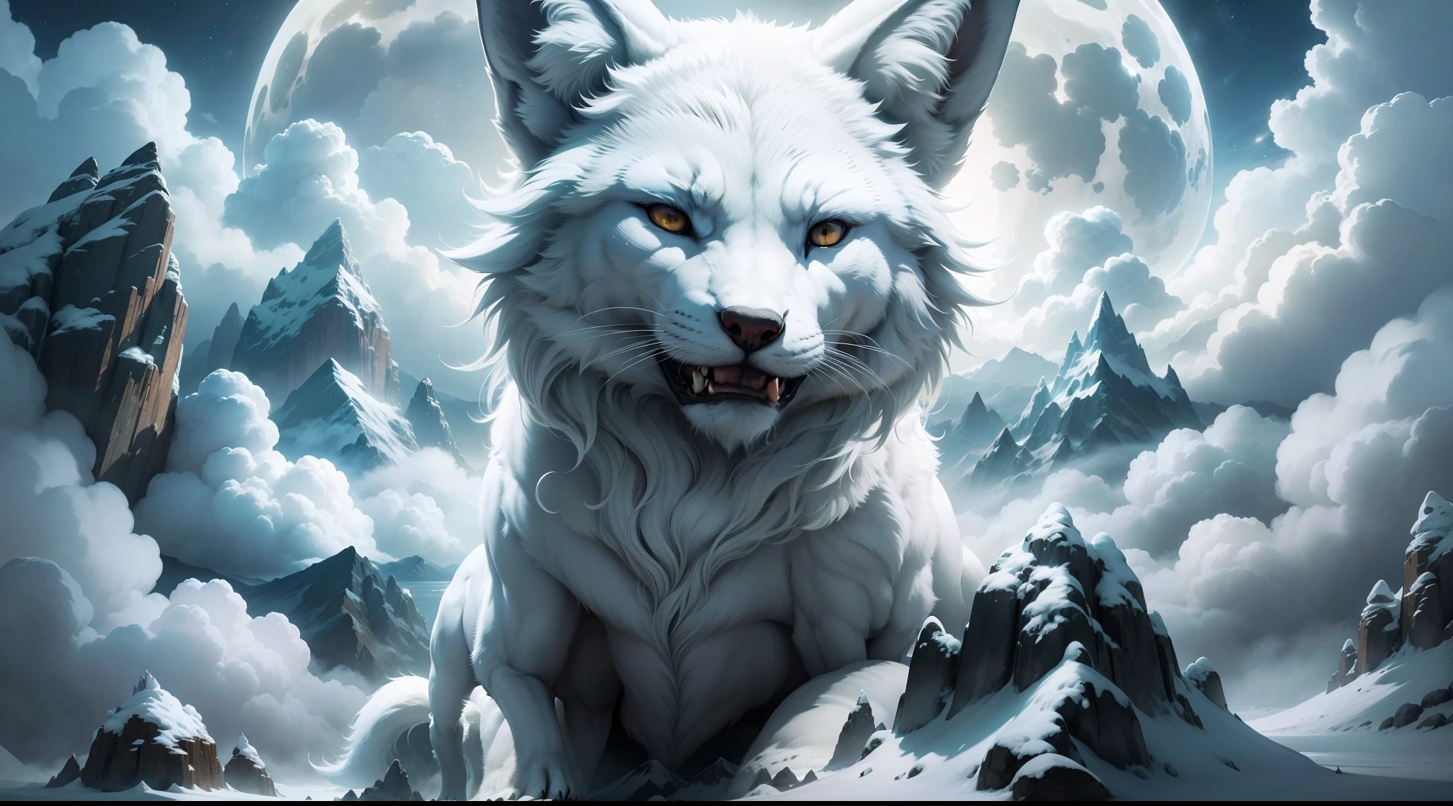 Animals, super huge white fox, nine tails, long roar up to the sky, moon, night view, tumbling heavy sea of clouds at your feet, high mountains, stereoscopic perspective, master works, super fine, 4k resolution, high quality, movie lighting, high picture detail, dynamic perspective, detailed, epic shooting