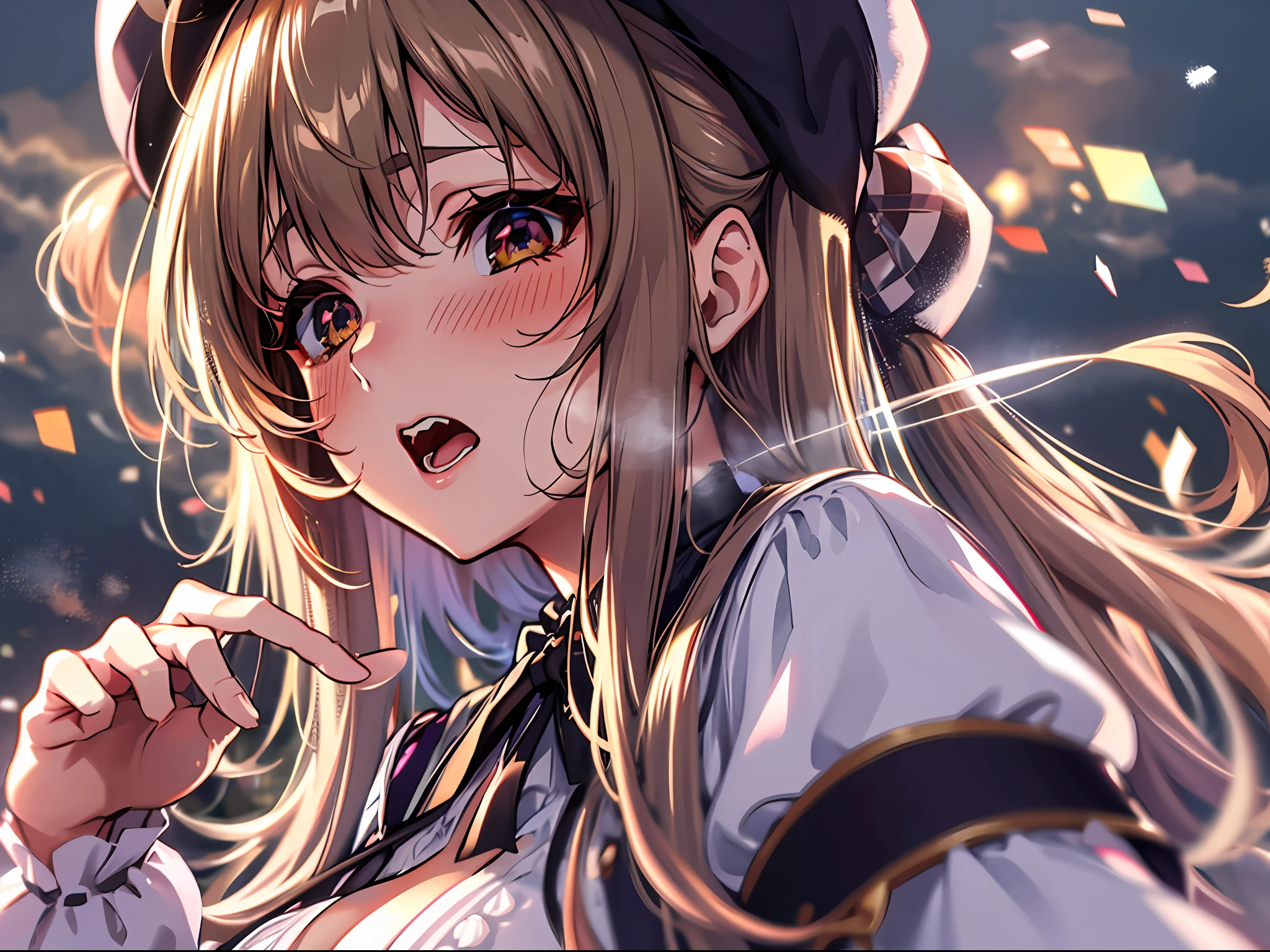 Starry eyes, it looks even more beautiful than immortal, Ahoge, hair, star-shaped pupils, amber eyes, colored contact lenses, blush, high detail, anime, romanticism, modern, gothic art, anime style, film lighting, ray tracing, motion rye, close-up, sony fe gm, uhd, high detail, top quality, 8k, big breasts, light brown hair, hat, twin tails, clean fingers, well-formed fingers, long jacket, ribbon, mystery, knitted hat, snow, anger, impatience