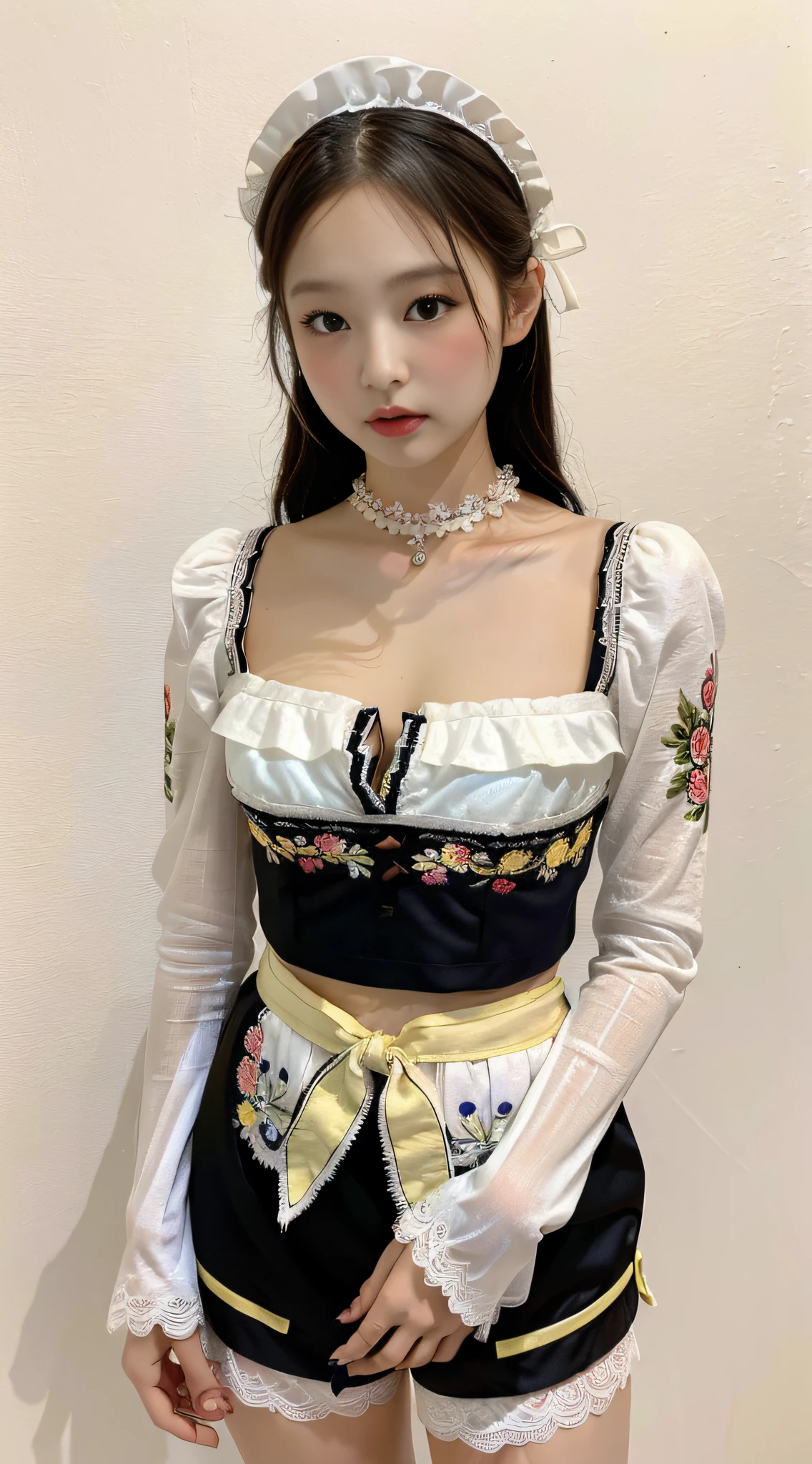 Masterpiece, Superb Painting, Realism, Jennie Avatar, Cosplay, Maid, Cafe, 1 Female, (Hanfu, Surfacewear, Black Shorts, Embroidery, Flowers, Lace, Decoration, Cleavage, Yellow with White Linen Skirt, Round Neck, Folded Collar),