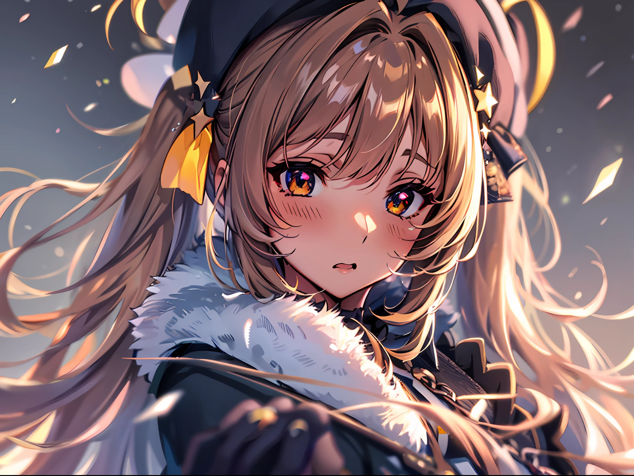 Starry eyes, it looks even more beautiful than immortal, Ahoge, hair, star-shaped pupils, amber eyes, colored contact lenses, blush, high detail, anime, romanticism, modern, gothic art, anime style, film lighting, ray tracing, motion rye, close-up, sony fe gm, uhd, high detail, top quality, 8k, big breasts, light brown hair, hat, twin tails, clean fingers, well-formed fingers, long jacket, ribbon, mystery, knitted hat, snow, anger, impatience