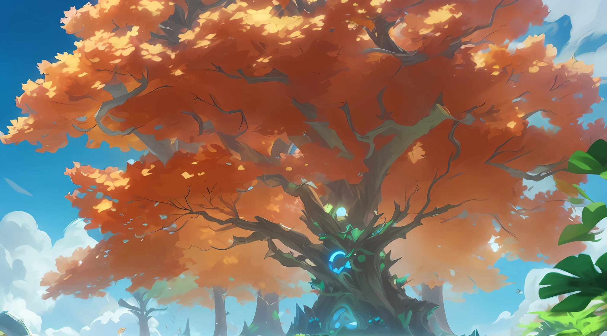 Look up view, look at the canopy of the big tree from under the tree, Onmyoji detailed art, Hearthstone concept art, background artwork, Blizzard Hearthstone concept art, World of Warcraft concept art, woods, World of Warcraft art style, Hearthstone art, complete art, colorful concept art, concept piece, fantasy tree, background art, painting concept art
