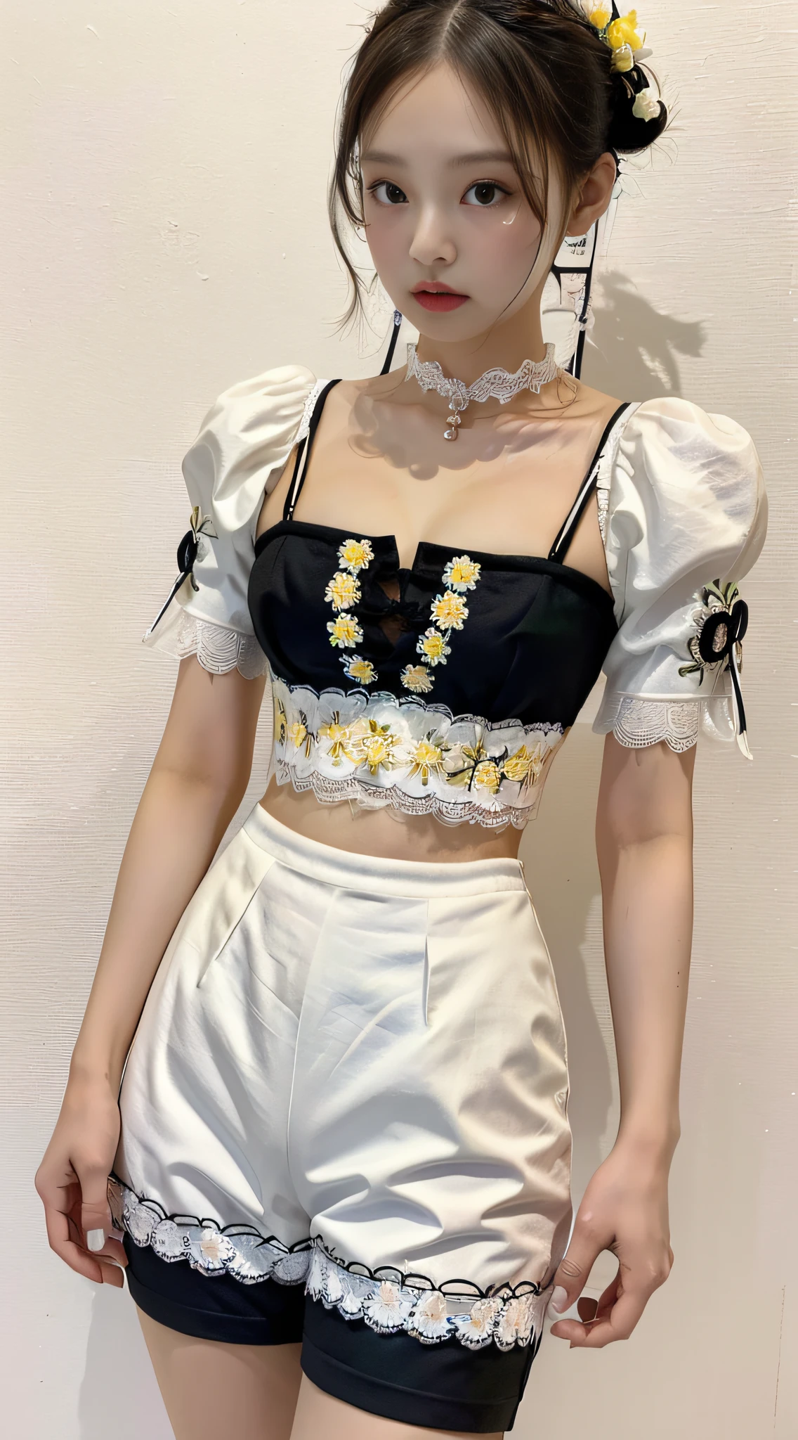 Masterpiece, Superb Painting, Realism, Jennie Avatar, Cosplay, Maid, Cafe, 1 Female, (Hanfu, Surfacewear, Black Shorts, Embroidery, Flowers, Lace, Decoration, Cleavage, Yellow with White Linen Skirt, Round Neck, Folded Collar),