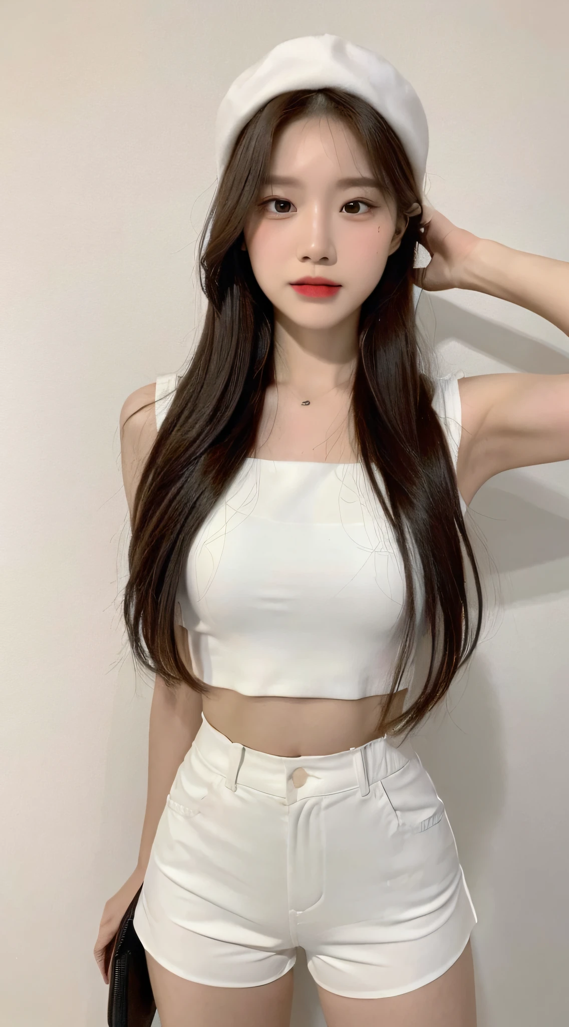 ((Best Quality, 8K, Masterpiece: 1.3)), (Flower Cap: 1.3), Focus: 1.2, Perfect Body Beauty: 1.4, Buttocks: 1.2, (Layered Haircut: 1.2)), (Dark Street: 1.3), Highly Detailed Face and Skin Texture, Full Body, Delicate Eyes, Double Eyelids, Whitened Skin, Long Hair, (Round Face: 1.5), (Loose Crop Top, Shorts: 1.6)
