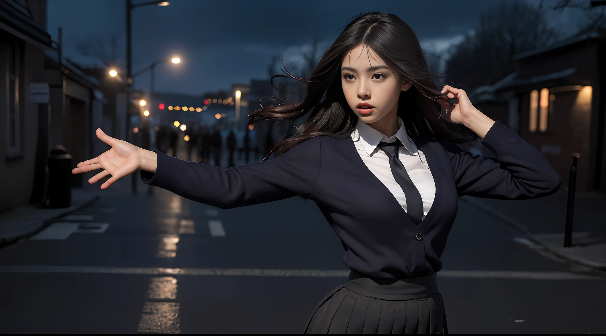 Best quality, masterpiece, ultra high res, (photorealistic:1.4), raw photo, (perfect body shape), dynamic pose, 1girl, waist up, solo, school uniform, in the dark, night, on the street, deep shadow, low key, cold light 12000K