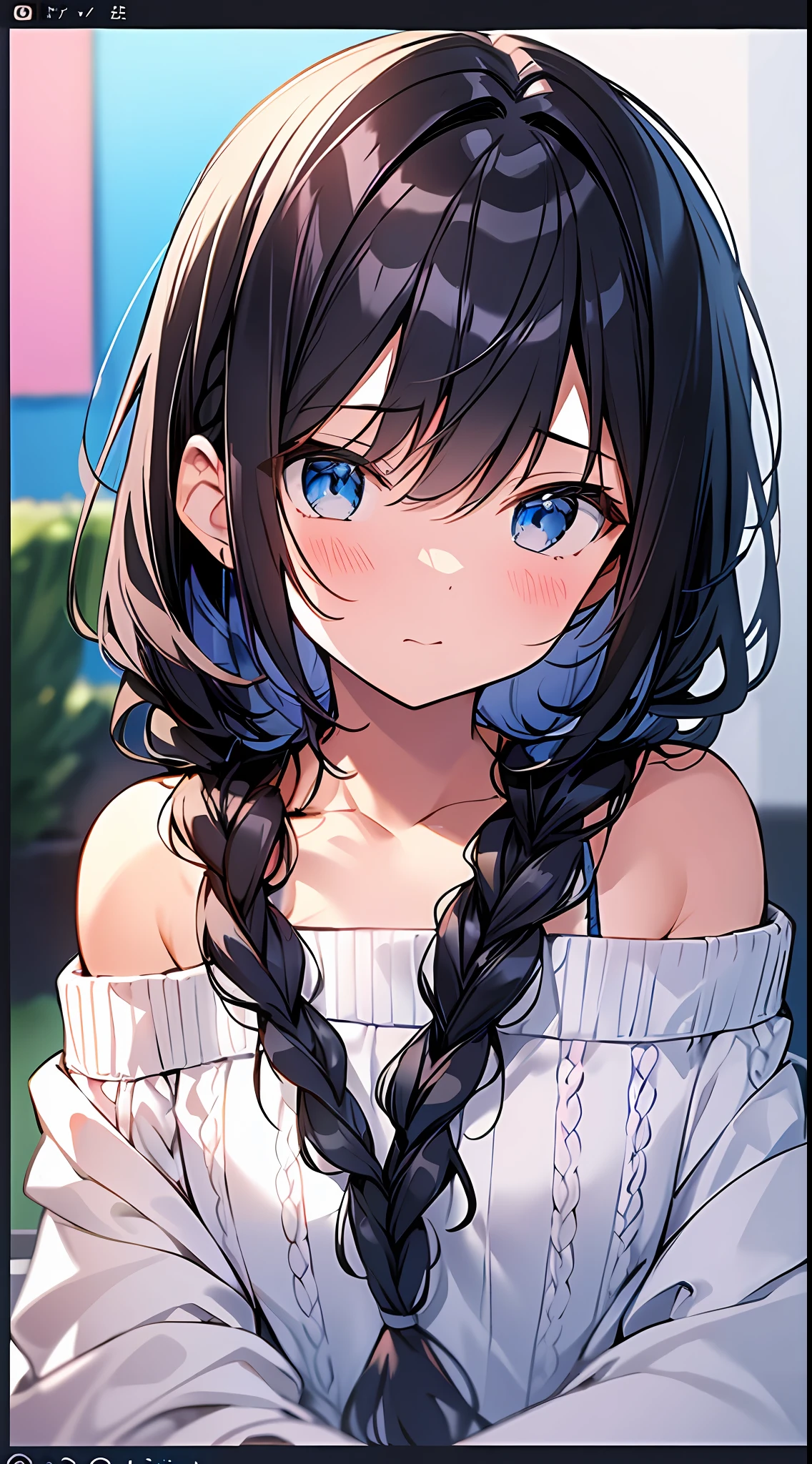 Top Quality, Masterpiece, Ultra High Resolution, 8K, Light Blue Sweater, Anime Style Little Loli, Single, Ultra Detailed Line Art, Digital Enhancement, Anime Core, Flowing Fabric, Close Up, Hair Length to Shoulder and Short Braid, Staring Straight At You, Soft Drawing, Beautiful Black Hair, Looks Really Weak, Crisp Eyes