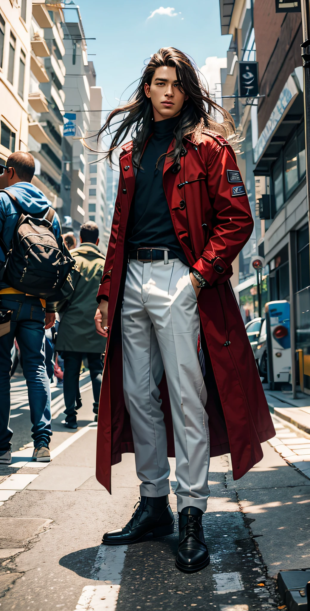 masterpiece, best quality, highly detailed, photorealistic, cyberpunk style, modelshoot style, (full body portrait of futuristic boy with brown eyes:1.2) BREAK (long hair flowing in the wind:1.2) BREAK (long red overcoat:1.1) BREAK (white cotton pants:1.1) BREAK black shirt BREAK outdoors, blue sky, green grass BREAK (outdoors:1.2)