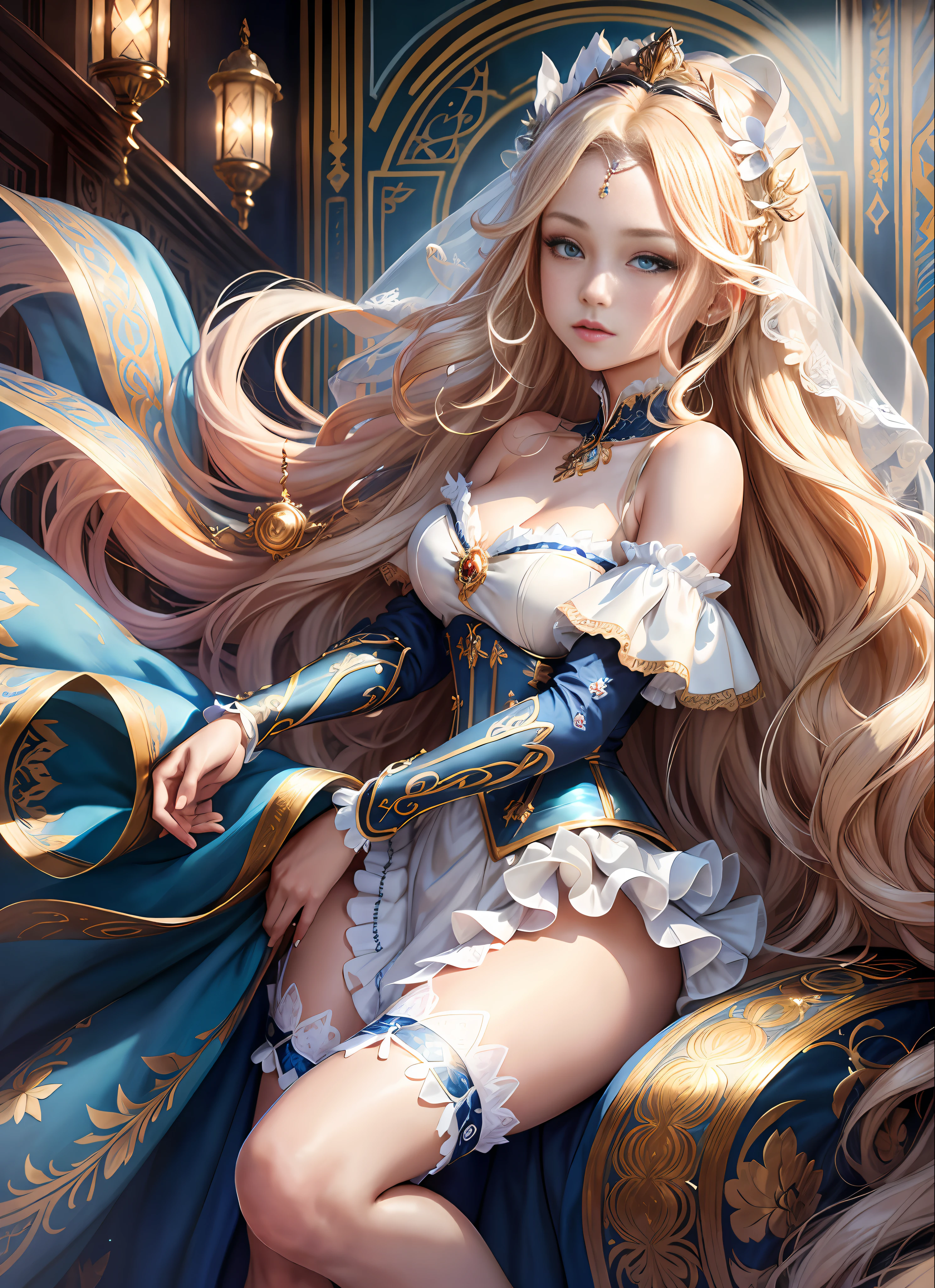 ((extremely detailed CG unity 8k wallpaper)), masterpiece, ultra-detailed, floating, high resolution, sexually suggestive, (petite, absurdly long blonde hair, princess, blue eyes, ("ornate long white and blue see through layered gown with detached sleeves and holy embroidery"), bridal veil, circlet, bridal gauntlets, bridal garters, corset, blushing, bare shoulders, no underwear)
