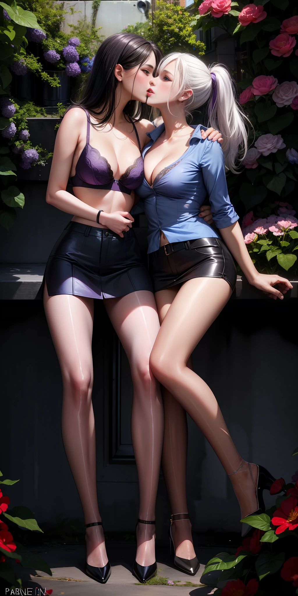 Realistic, 2girl, kiss, drool dripping, tongue kiss, white hair, purple eyes, glowing eyes, no top, gorgeous purple bra, miniskirt, parted lips, blush, flowers, sun, sunlight, full body photo,